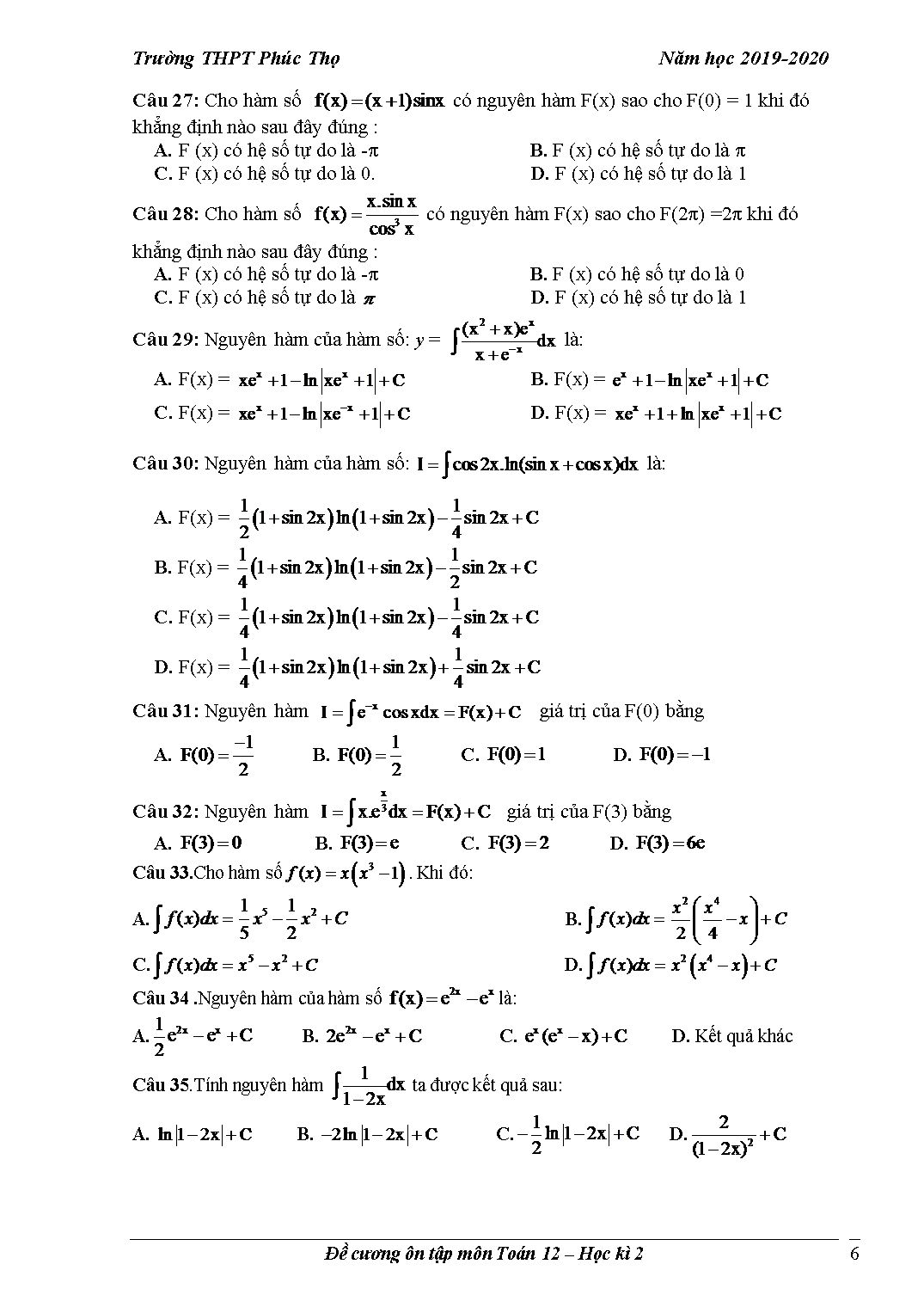 Đề cương ôn tập học kỳ II môn Toán Lớp 12 - Năm học 2019-2020 - Trường THPT Phúc Thọ trang 6