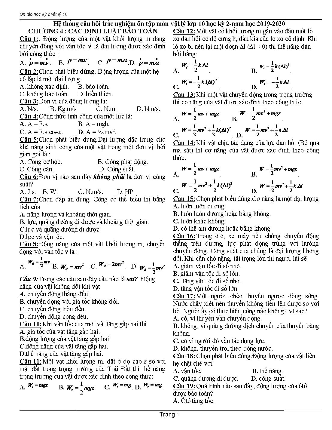Hệ thống câu hỏi trắc nghiệm ôn tập học kỳ 2 môn Vật lý Lớp 10 - Năm học 2019-2020 trang 1