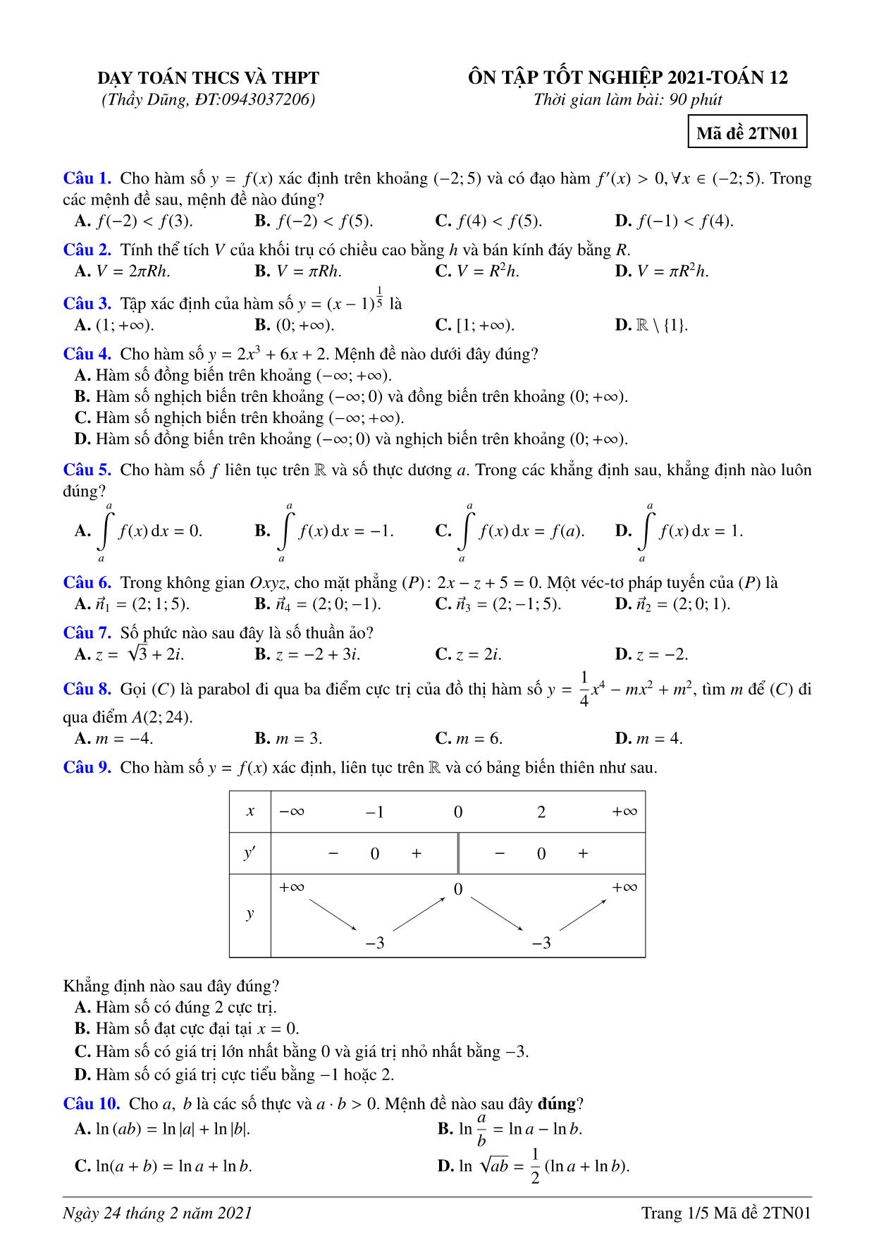 10 Đề ôn tập thi THPT Quốc gia năm 2021 môn Toán trang 1