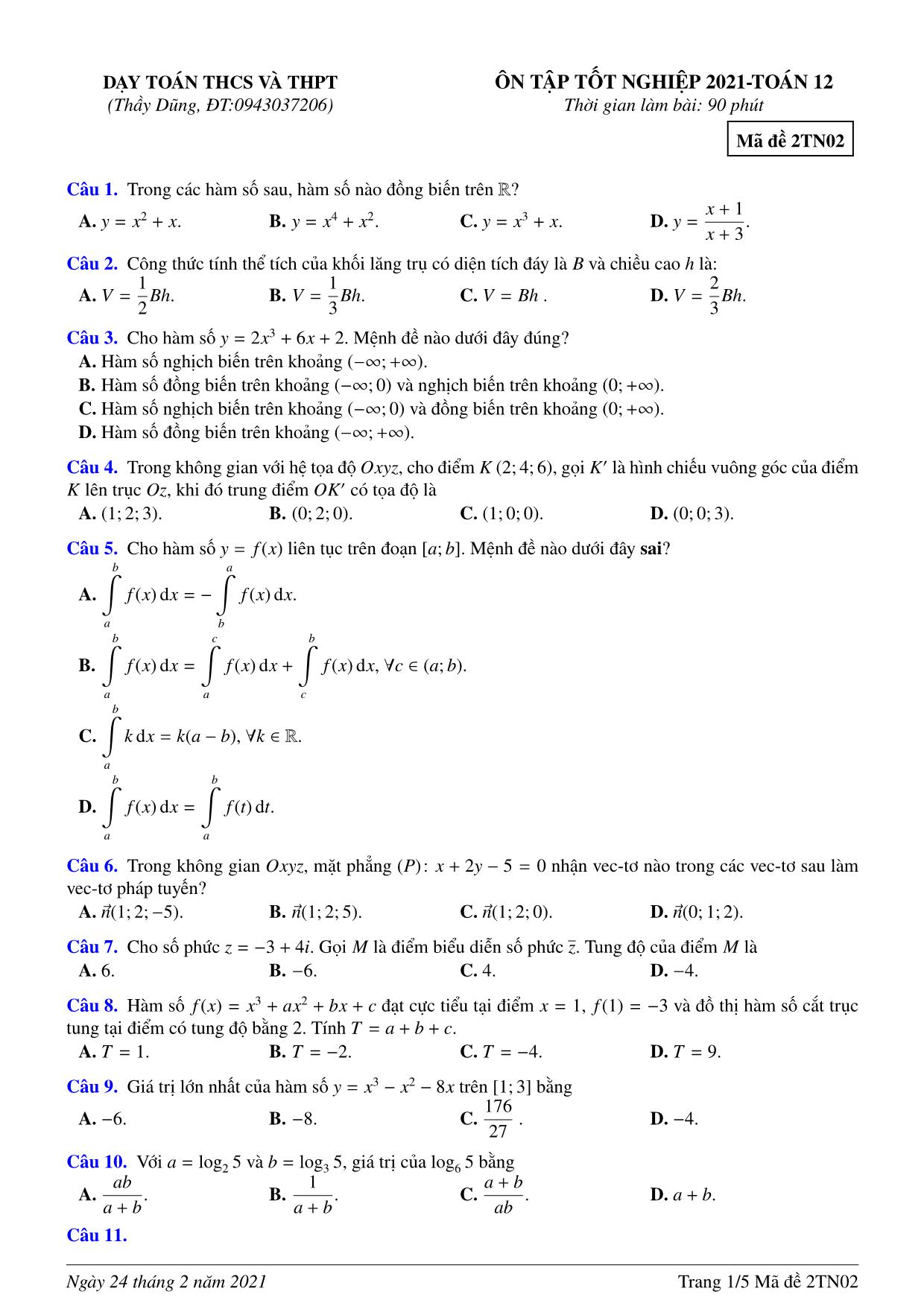 10 Đề ôn tập thi THPT Quốc gia năm 2021 môn Toán trang 6