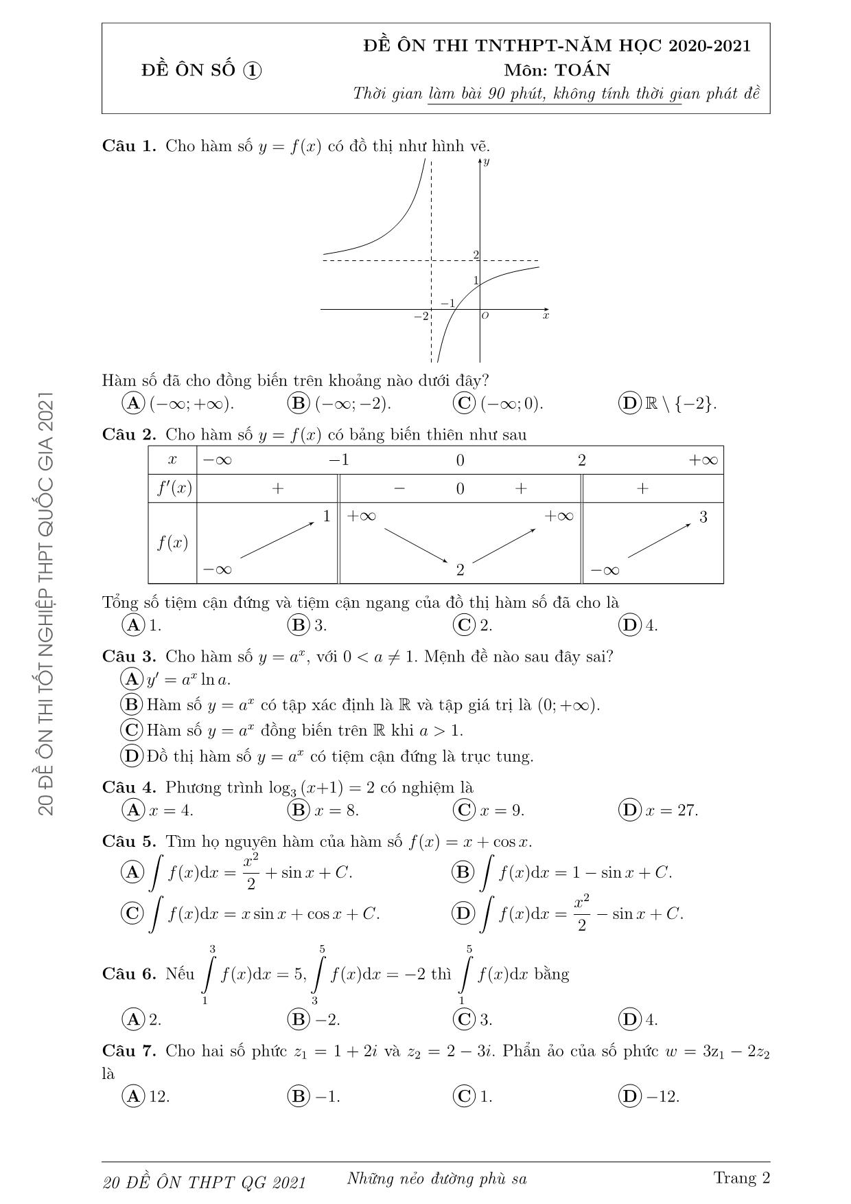 Bộ đề ôn thi Tốt nghiệp Trung học Phổ thông Quốc gia môn Toán năm 2021 trang 2