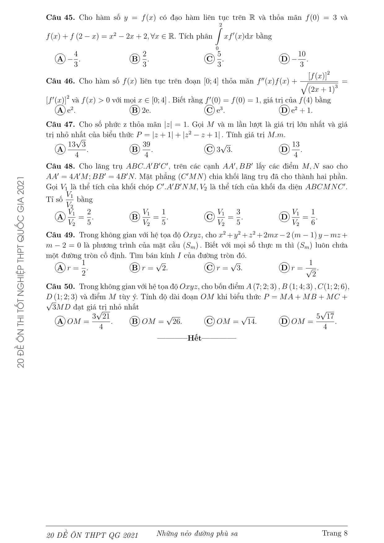 Bộ đề ôn thi Tốt nghiệp Trung học Phổ thông Quốc gia môn Toán năm 2021 trang 8