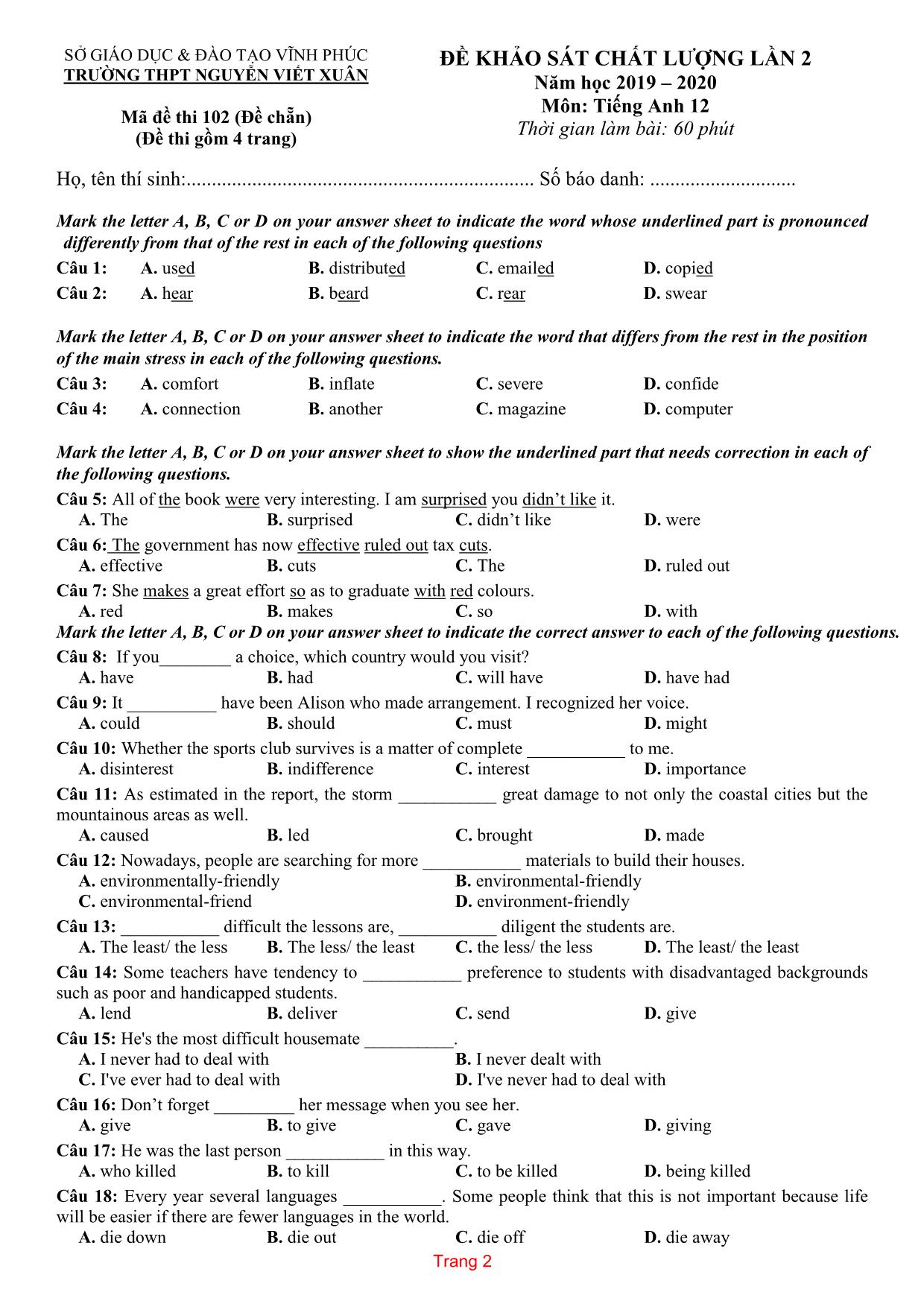 22 Đề thi thử THPT Quốc gia môn Tiếng Anh năm 2020 trang 3