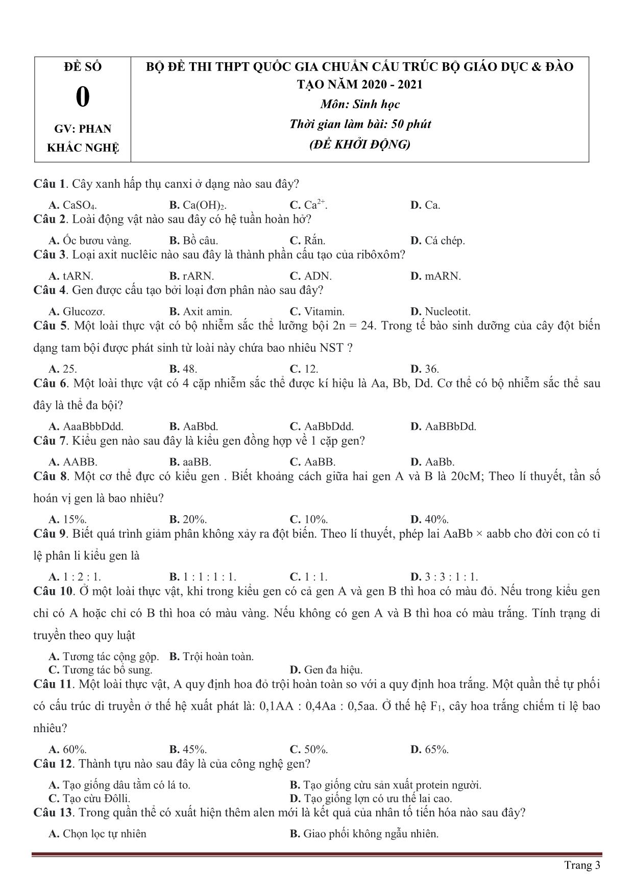 46 Đề thi thử THPT Quốc gia năm học 2020-2021 môn Sinh học (Có đáp án và giải chi tiết) trang 3