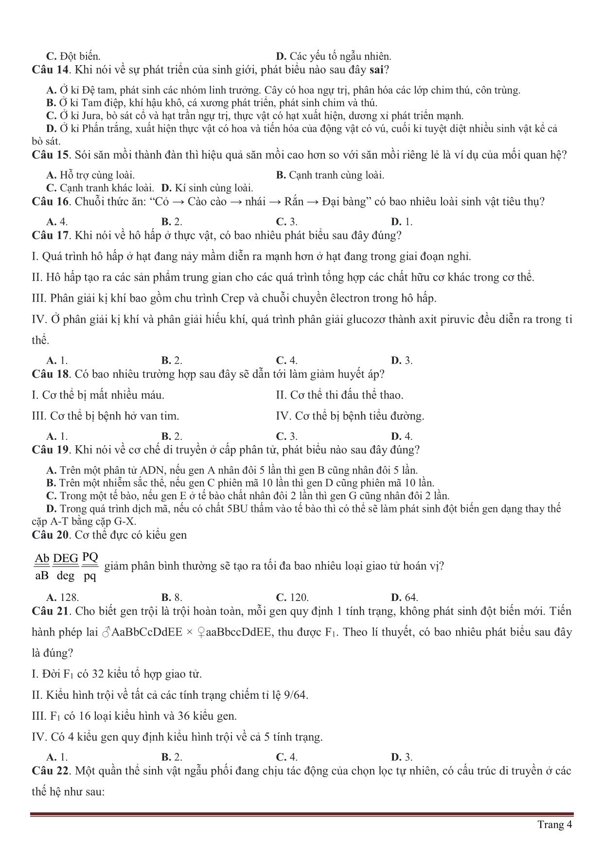 46 Đề thi thử THPT Quốc gia năm học 2020-2021 môn Sinh học (Có đáp án và giải chi tiết) trang 4
