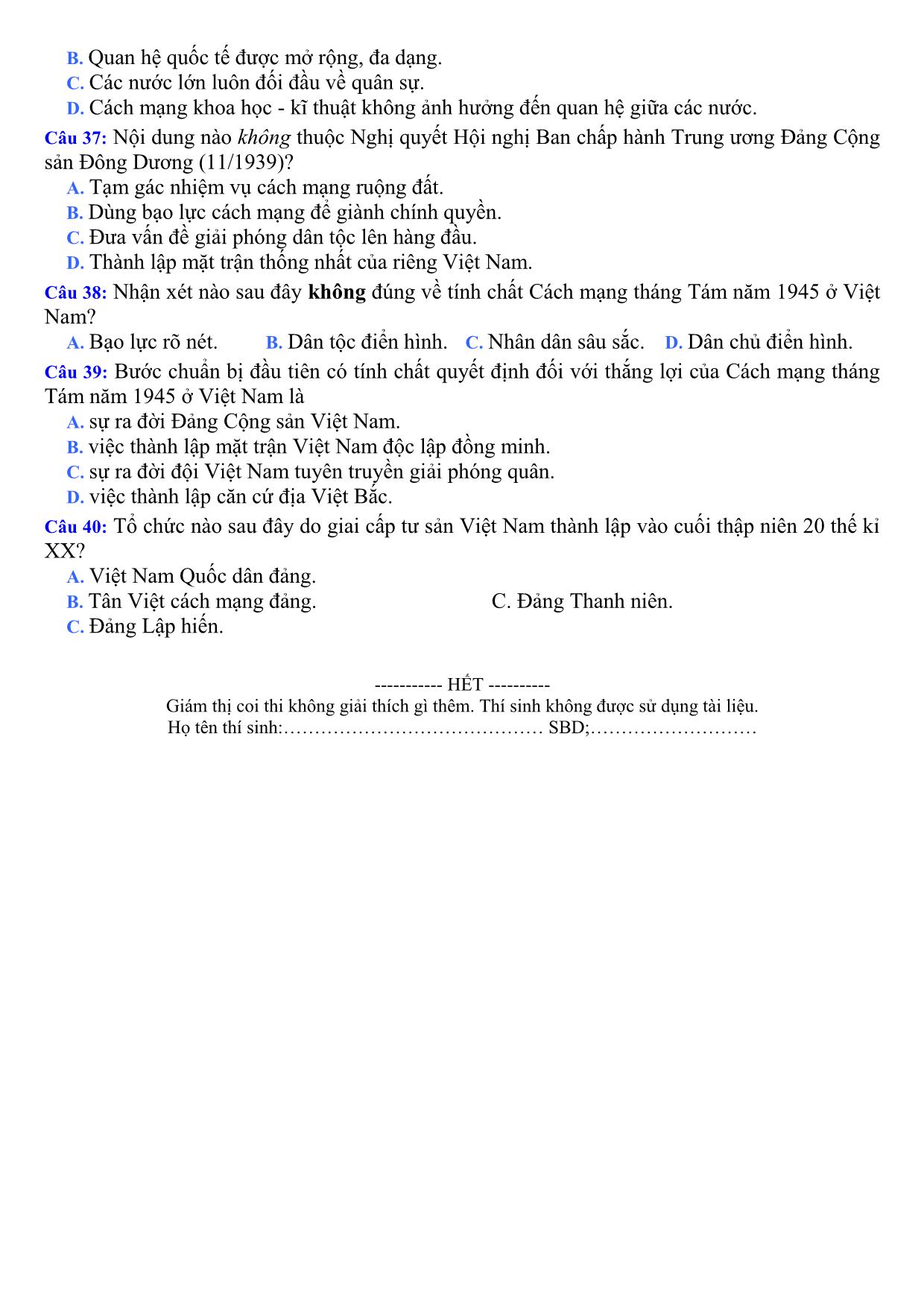 60 Đề thi thử THPT Quốc gia môn Lịch sử - Năm học 2019-2020 trang 8