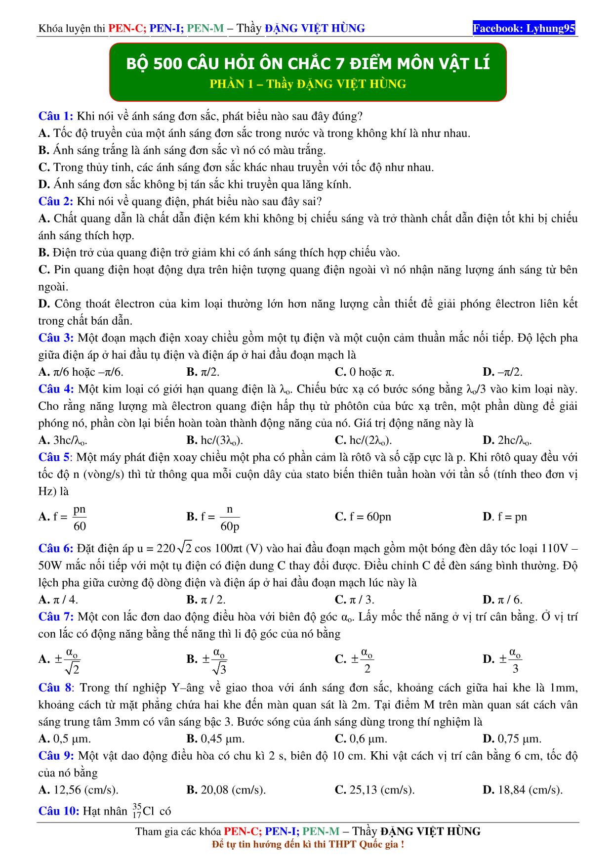 500 Bài tập trắc nghiệm Vật lý lấy trọn điểm 7 THPT Quốc gia trang 3