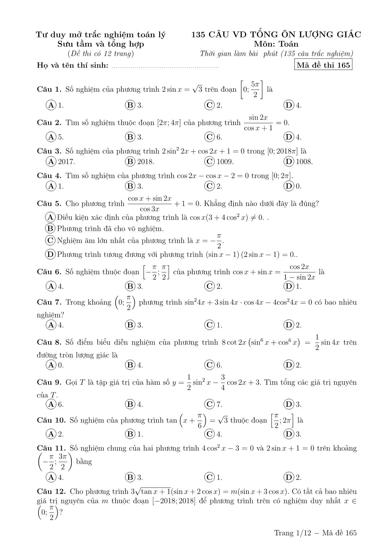 135 Câu hỏi trắc nghiệm môn Toán ôn thi THPT Quốc gia trang 1