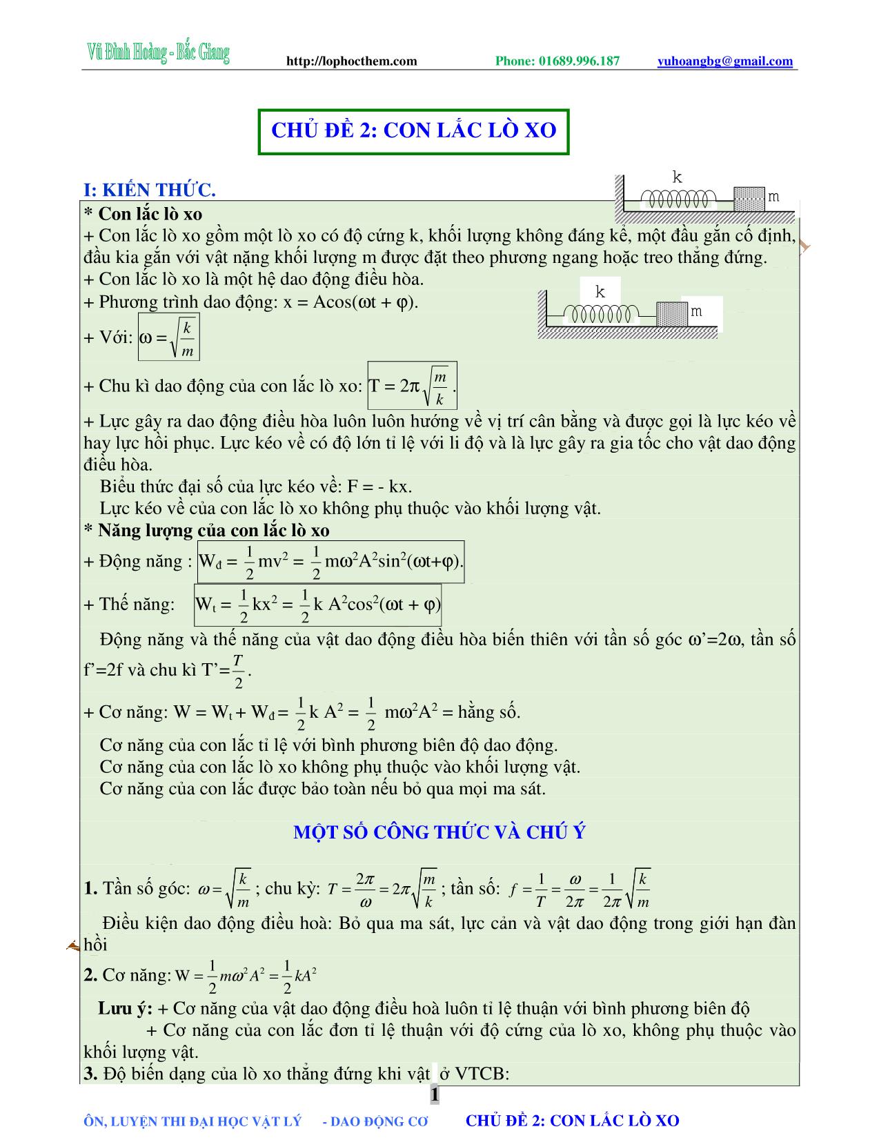 Chuyên đề Luyện thi Đại học môn Vật lý - Chủ đề 2: Con lắc lò xo - Vũ Đình Hoàng trang 1