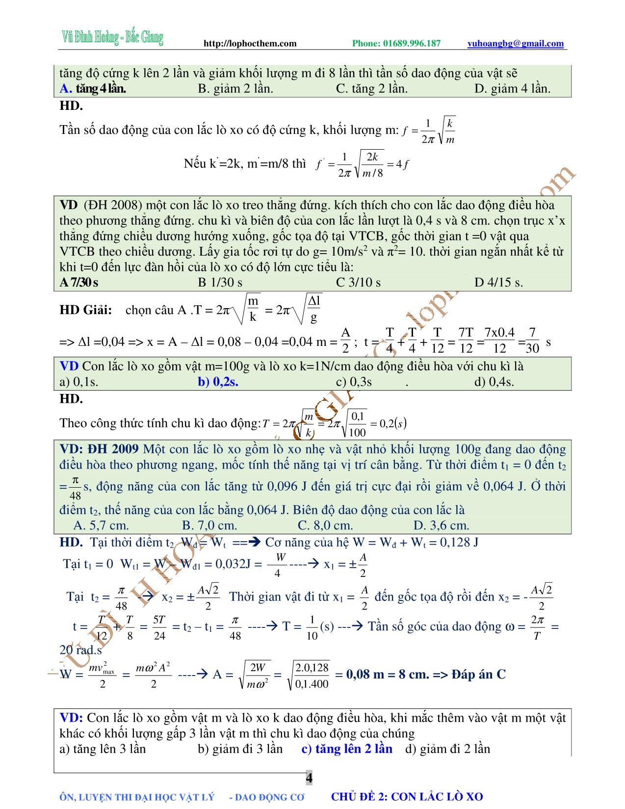 Chuyên đề Luyện thi Đại học môn Vật lý - Chủ đề 2: Con lắc lò xo - Vũ Đình Hoàng trang 4