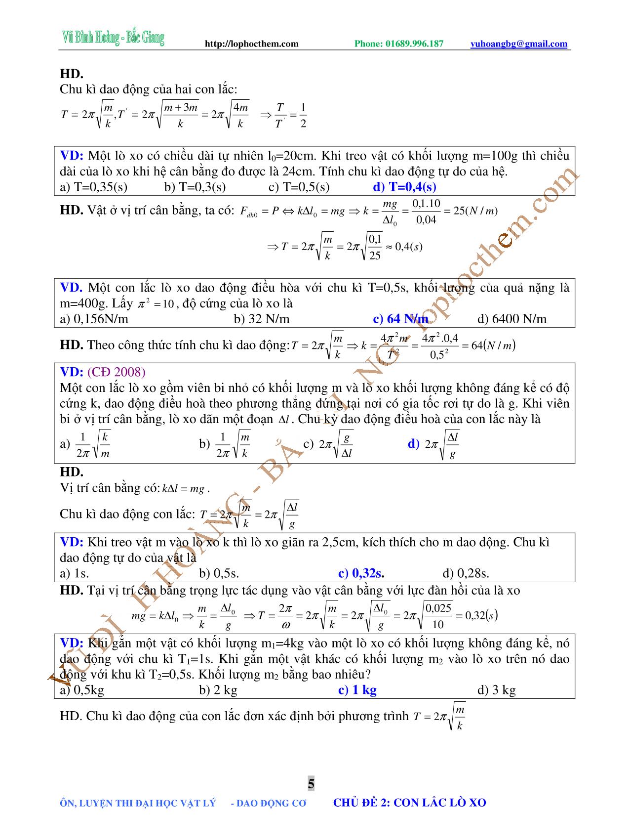 Chuyên đề Luyện thi Đại học môn Vật lý - Chủ đề 2: Con lắc lò xo - Vũ Đình Hoàng trang 5