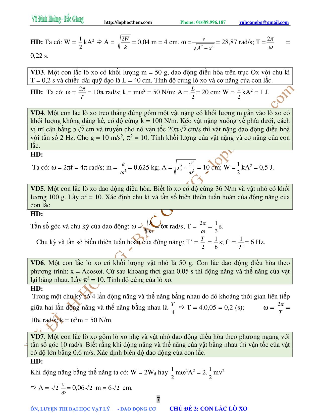Chuyên đề Luyện thi Đại học môn Vật lý - Chủ đề 2: Con lắc lò xo - Vũ Đình Hoàng trang 7