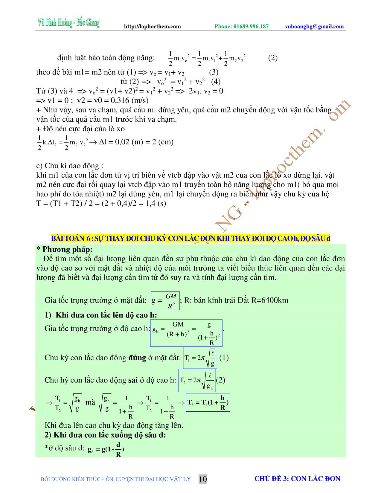 Chuyên đề Luyện thi Đại học môn Vật lý - Chủ đề 3: Con lắc đơn - Vũ Đình Hoàng trang 10