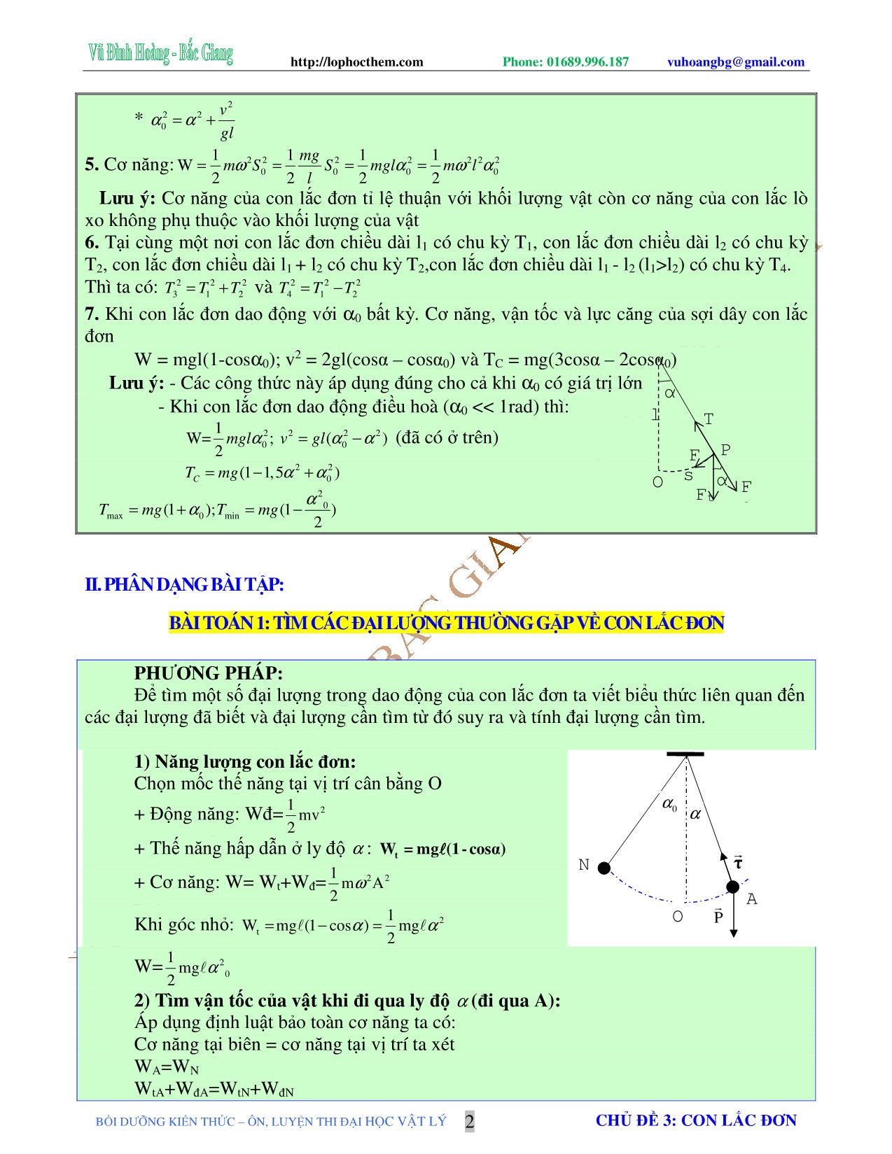 Chuyên đề Luyện thi Đại học môn Vật lý - Chủ đề 3: Con lắc đơn - Vũ Đình Hoàng trang 2