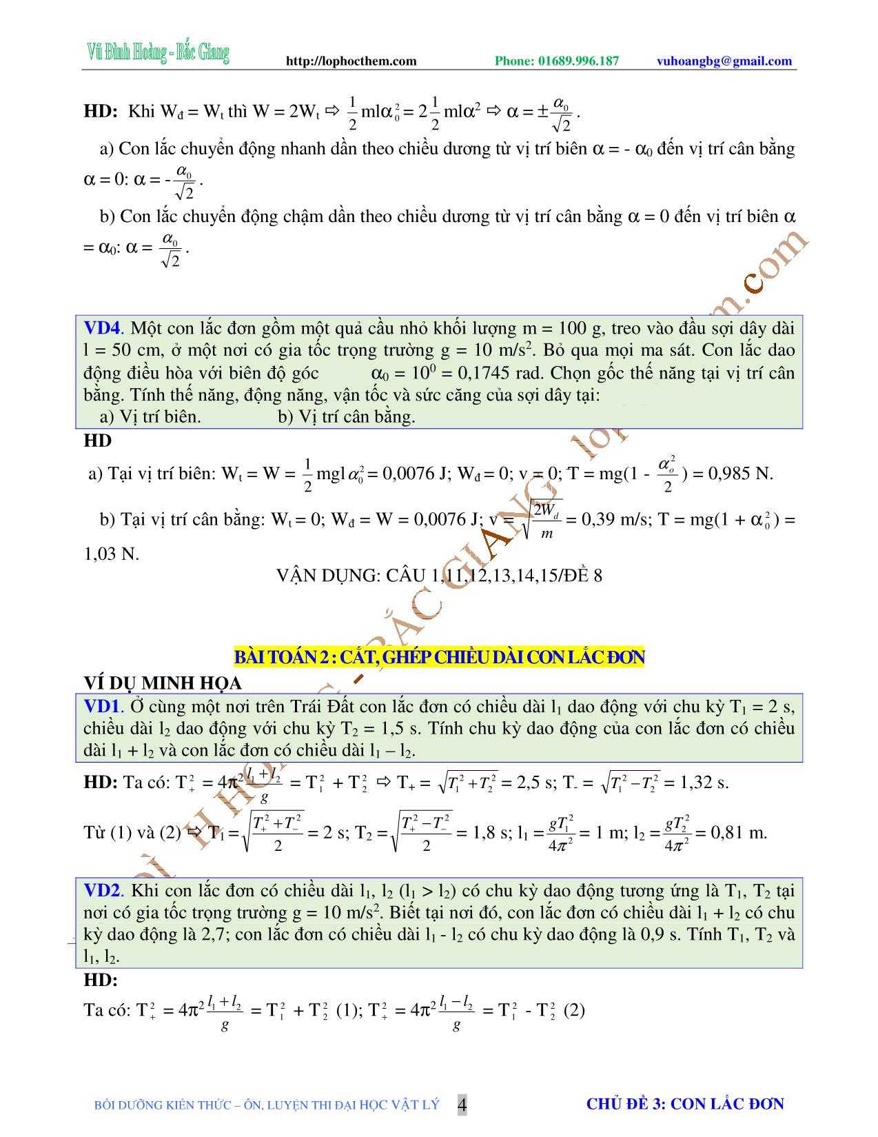 Chuyên đề Luyện thi Đại học môn Vật lý - Chủ đề 3: Con lắc đơn - Vũ Đình Hoàng trang 4