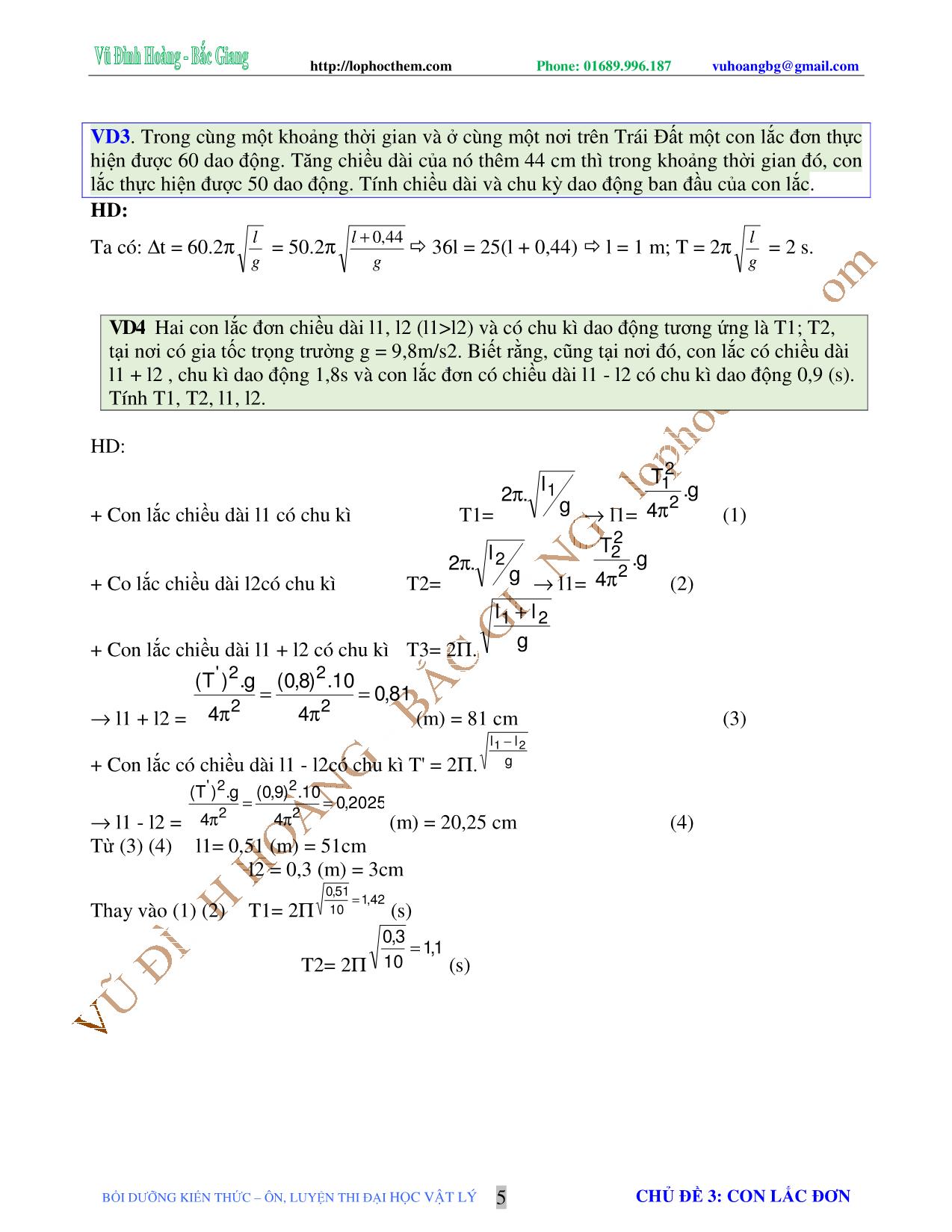 Chuyên đề Luyện thi Đại học môn Vật lý - Chủ đề 3: Con lắc đơn - Vũ Đình Hoàng trang 5