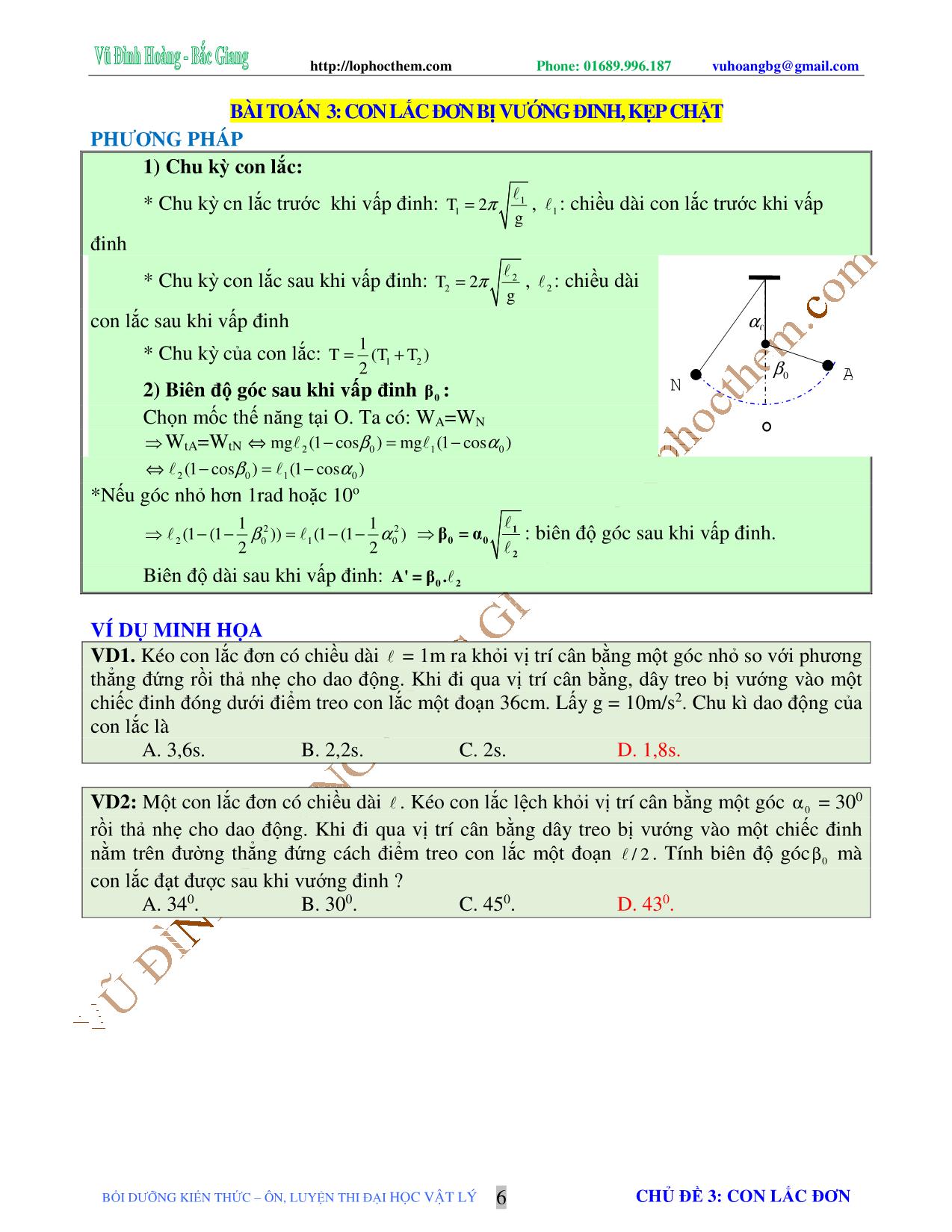 Chuyên đề Luyện thi Đại học môn Vật lý - Chủ đề 3: Con lắc đơn - Vũ Đình Hoàng trang 6