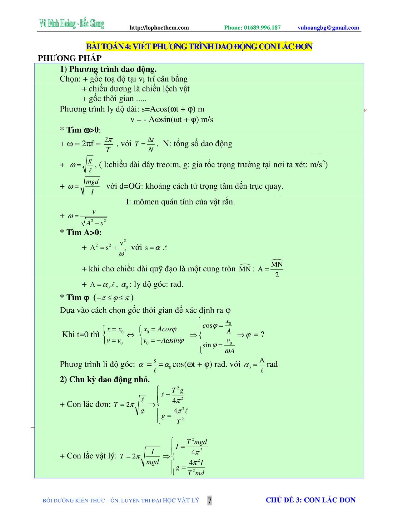 Chuyên đề Luyện thi Đại học môn Vật lý - Chủ đề 3: Con lắc đơn - Vũ Đình Hoàng trang 7