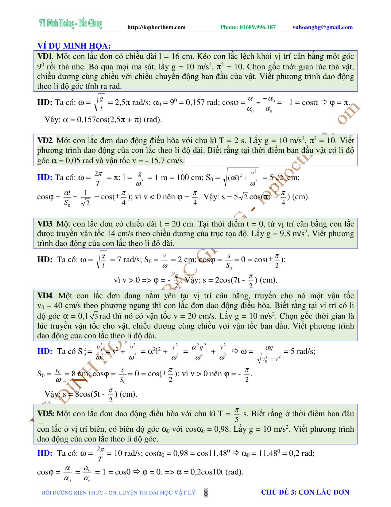 Chuyên đề Luyện thi Đại học môn Vật lý - Chủ đề 3: Con lắc đơn - Vũ Đình Hoàng trang 8