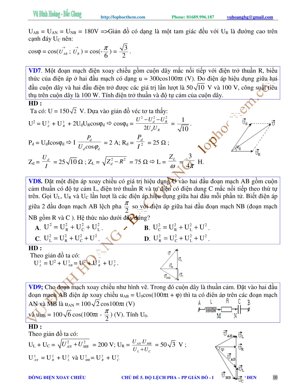 Chuyên đề Luyện thi Đại học môn Vật lý - Chủ đề 5: Độ lệch pha. Phương pháp giản đồ vectơ. Bài toán hộp đen - Vũ Đình Hoàng trang 10