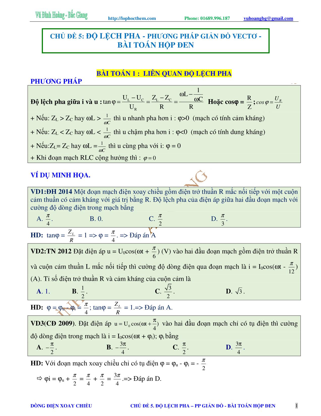 Chuyên đề Luyện thi Đại học môn Vật lý - Chủ đề 5: Độ lệch pha. Phương pháp giản đồ vectơ. Bài toán hộp đen - Vũ Đình Hoàng trang 1