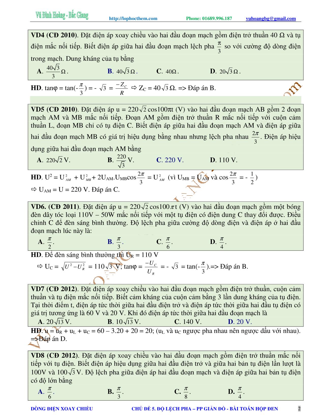 Chuyên đề Luyện thi Đại học môn Vật lý - Chủ đề 5: Độ lệch pha. Phương pháp giản đồ vectơ. Bài toán hộp đen - Vũ Đình Hoàng trang 2