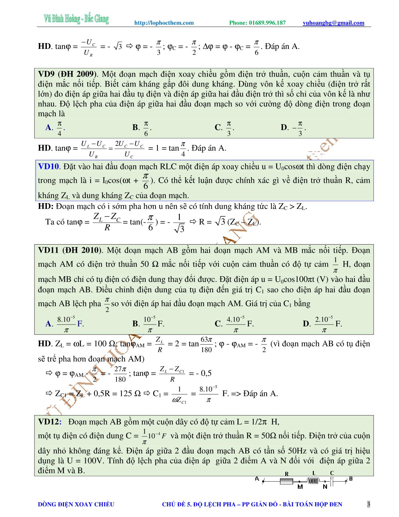 Chuyên đề Luyện thi Đại học môn Vật lý - Chủ đề 5: Độ lệch pha. Phương pháp giản đồ vectơ. Bài toán hộp đen - Vũ Đình Hoàng trang 3