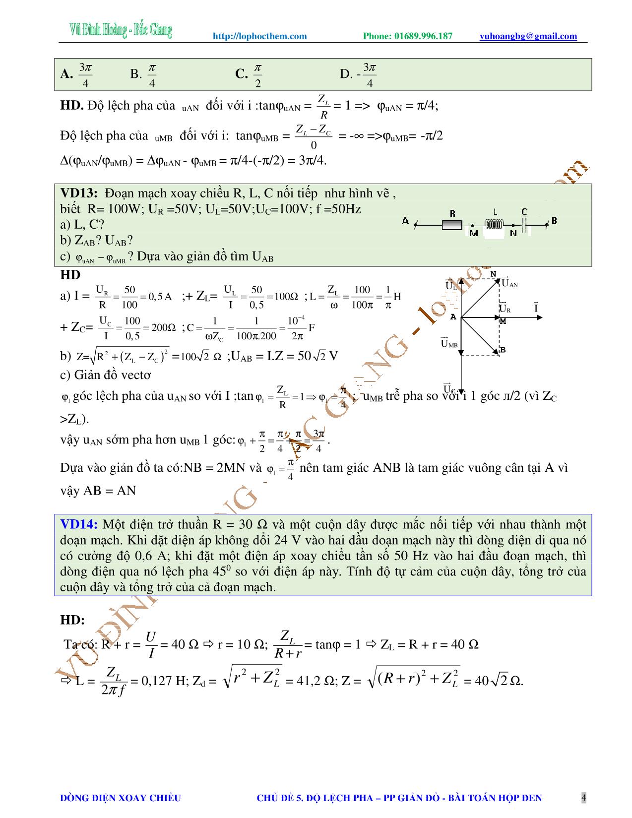 Chuyên đề Luyện thi Đại học môn Vật lý - Chủ đề 5: Độ lệch pha. Phương pháp giản đồ vectơ. Bài toán hộp đen - Vũ Đình Hoàng trang 4