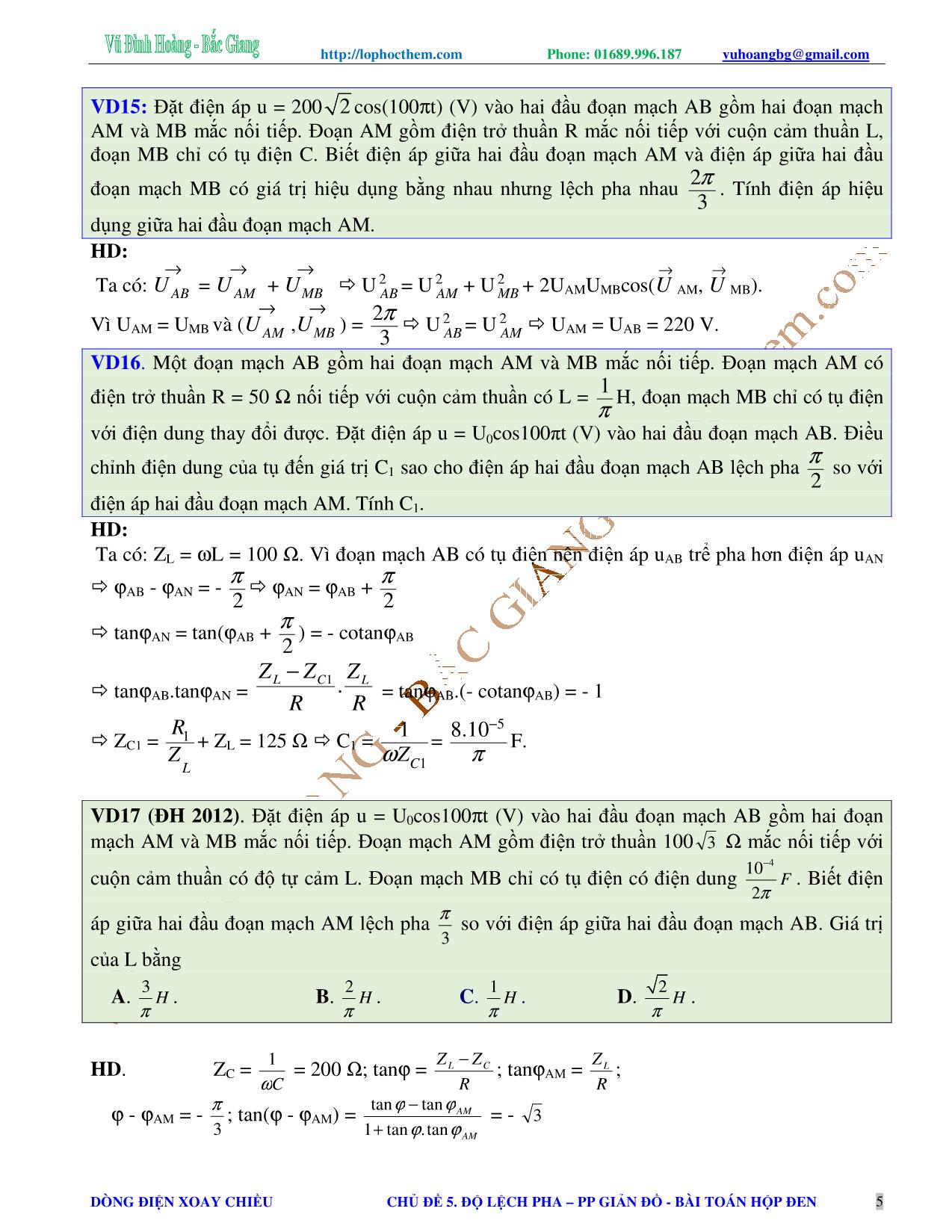 Chuyên đề Luyện thi Đại học môn Vật lý - Chủ đề 5: Độ lệch pha. Phương pháp giản đồ vectơ. Bài toán hộp đen - Vũ Đình Hoàng trang 5