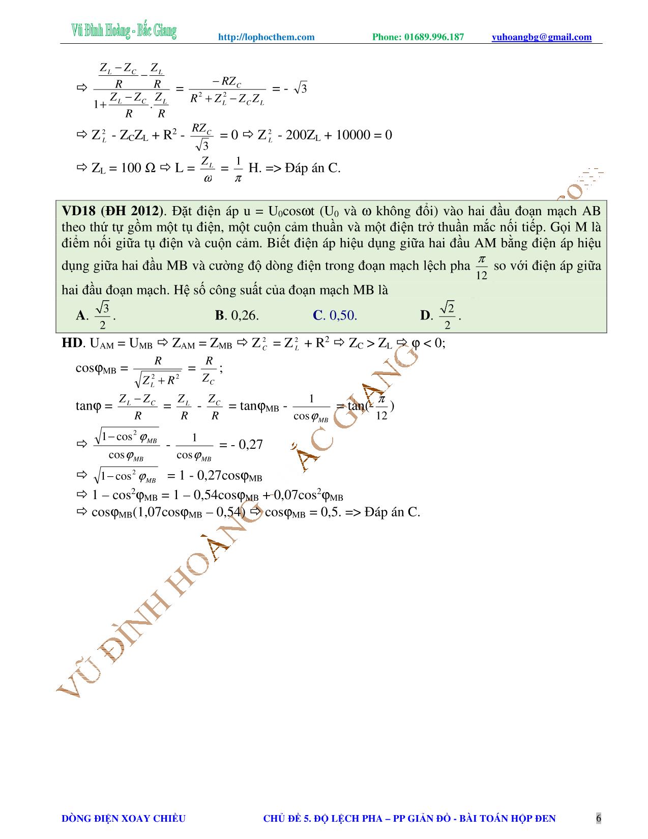 Chuyên đề Luyện thi Đại học môn Vật lý - Chủ đề 5: Độ lệch pha. Phương pháp giản đồ vectơ. Bài toán hộp đen - Vũ Đình Hoàng trang 6