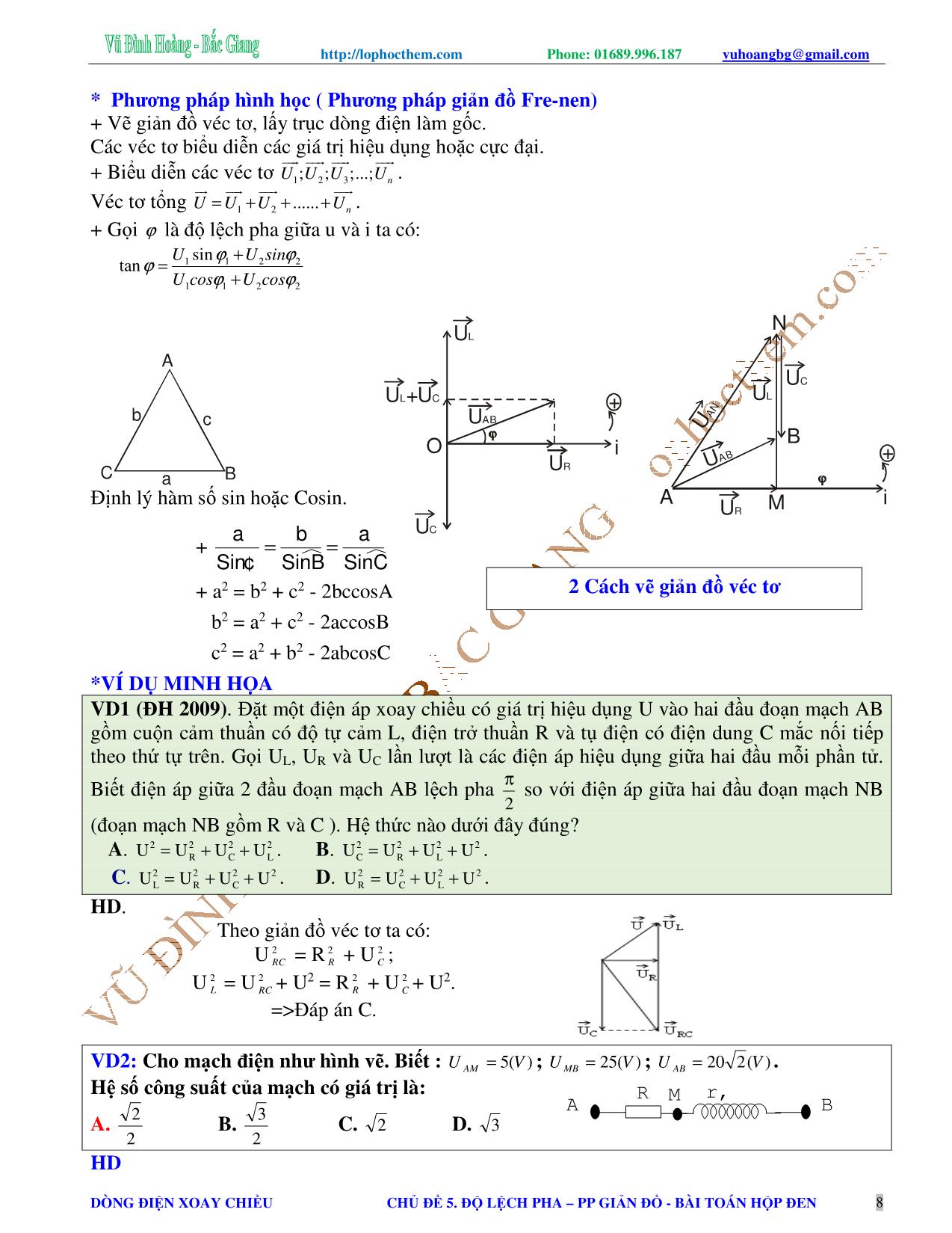 Chuyên đề Luyện thi Đại học môn Vật lý - Chủ đề 5: Độ lệch pha. Phương pháp giản đồ vectơ. Bài toán hộp đen - Vũ Đình Hoàng trang 8