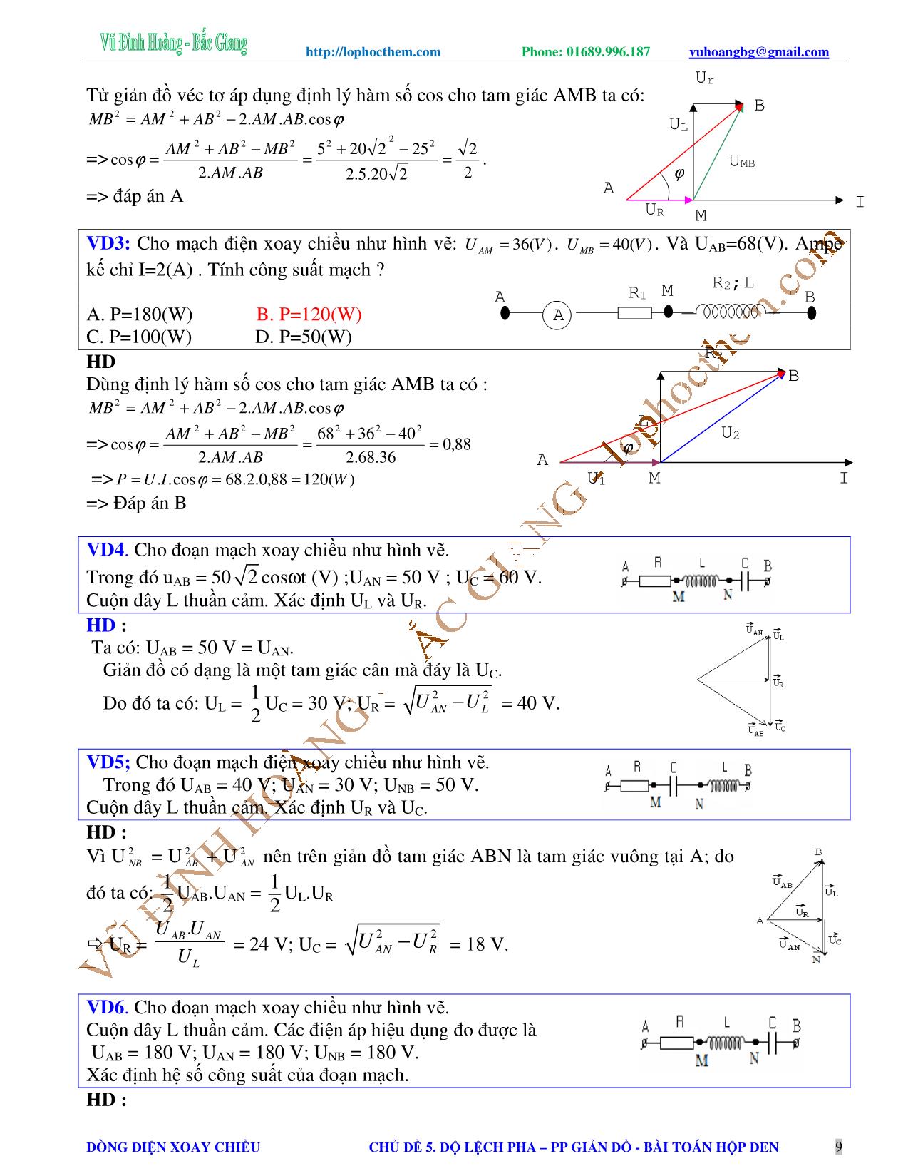 Chuyên đề Luyện thi Đại học môn Vật lý - Chủ đề 5: Độ lệch pha. Phương pháp giản đồ vectơ. Bài toán hộp đen - Vũ Đình Hoàng trang 9