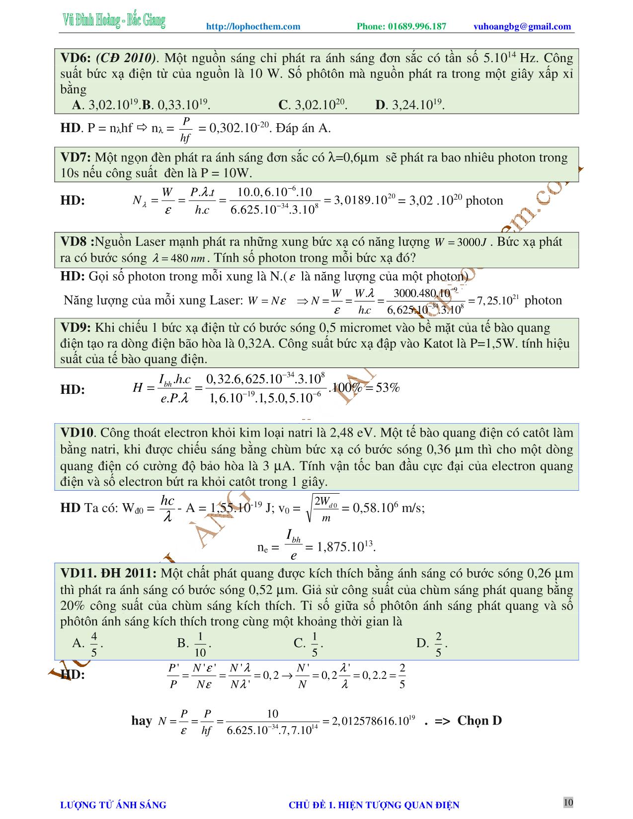 Chuyên đề Luyện thi Đại học môn Vật lý - Chủ đề 1: Hiện tượng quang điện - Vũ Đình Hoàng trang 10