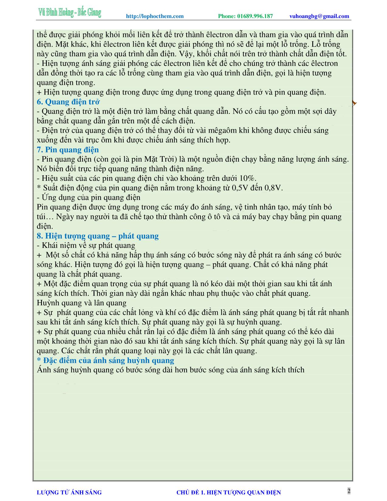 Chuyên đề Luyện thi Đại học môn Vật lý - Chủ đề 1: Hiện tượng quang điện - Vũ Đình Hoàng trang 2