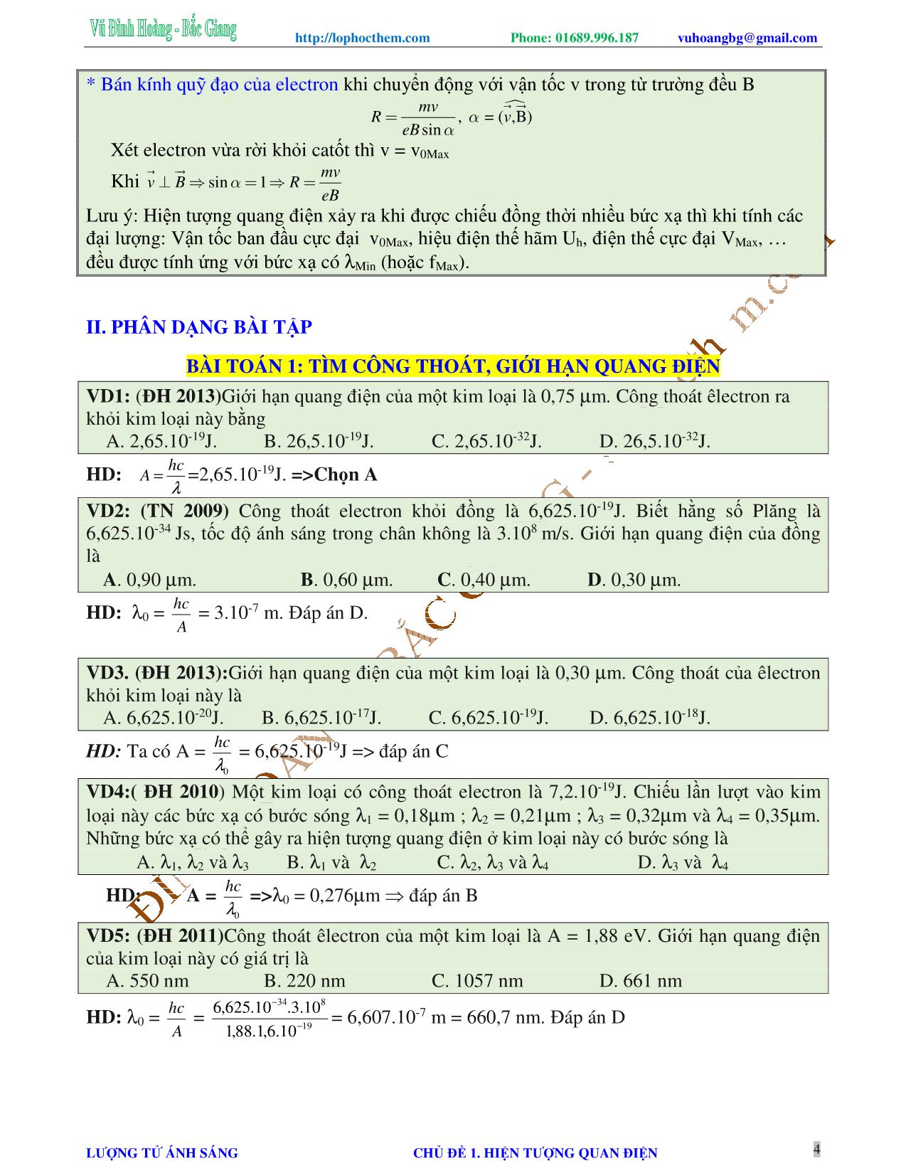 Chuyên đề Luyện thi Đại học môn Vật lý - Chủ đề 1: Hiện tượng quang điện - Vũ Đình Hoàng trang 4