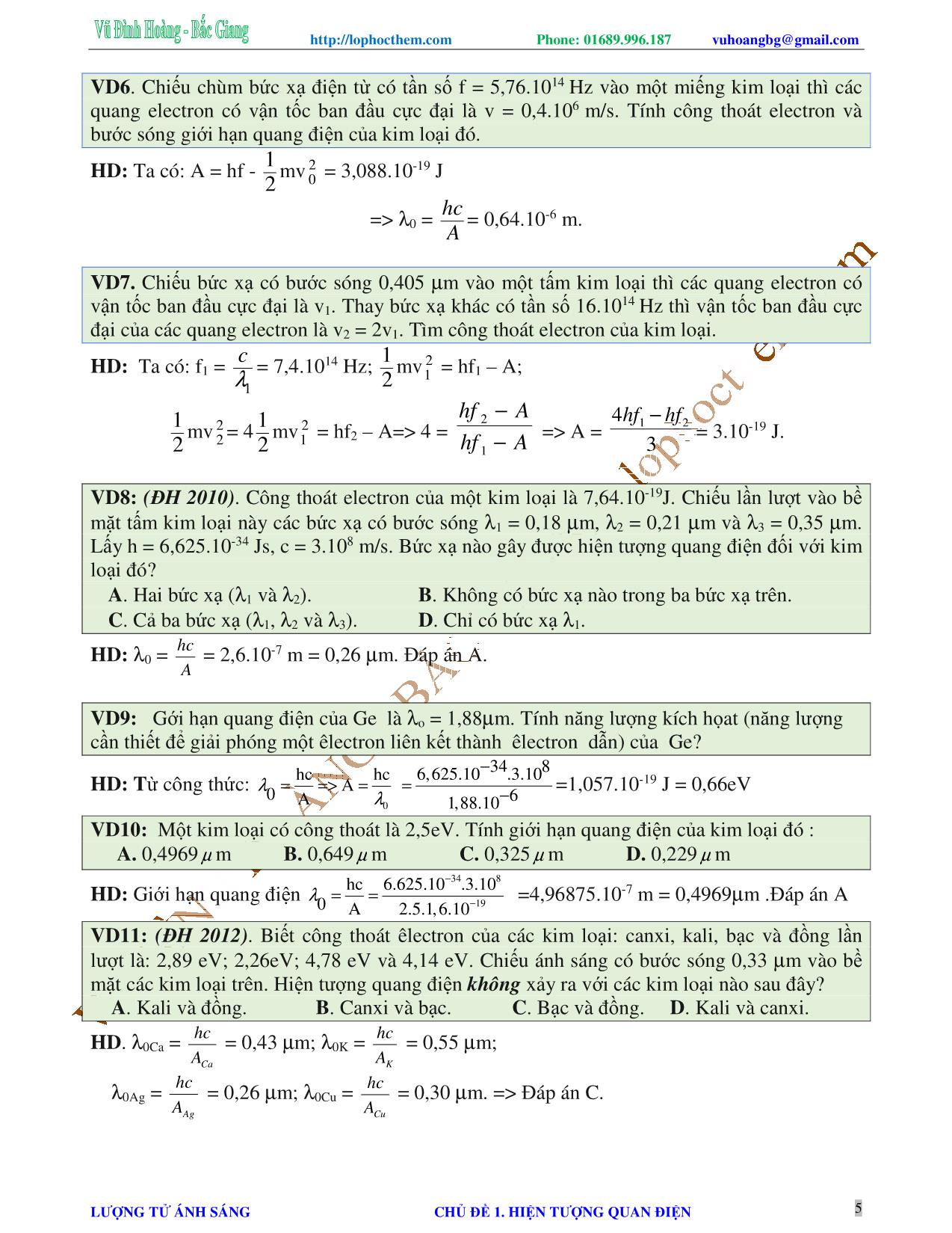 Chuyên đề Luyện thi Đại học môn Vật lý - Chủ đề 1: Hiện tượng quang điện - Vũ Đình Hoàng trang 5
