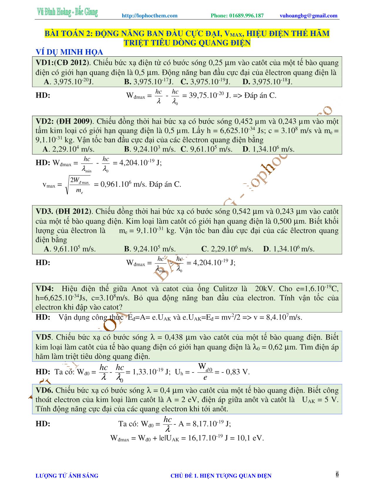 Chuyên đề Luyện thi Đại học môn Vật lý - Chủ đề 1: Hiện tượng quang điện - Vũ Đình Hoàng trang 6