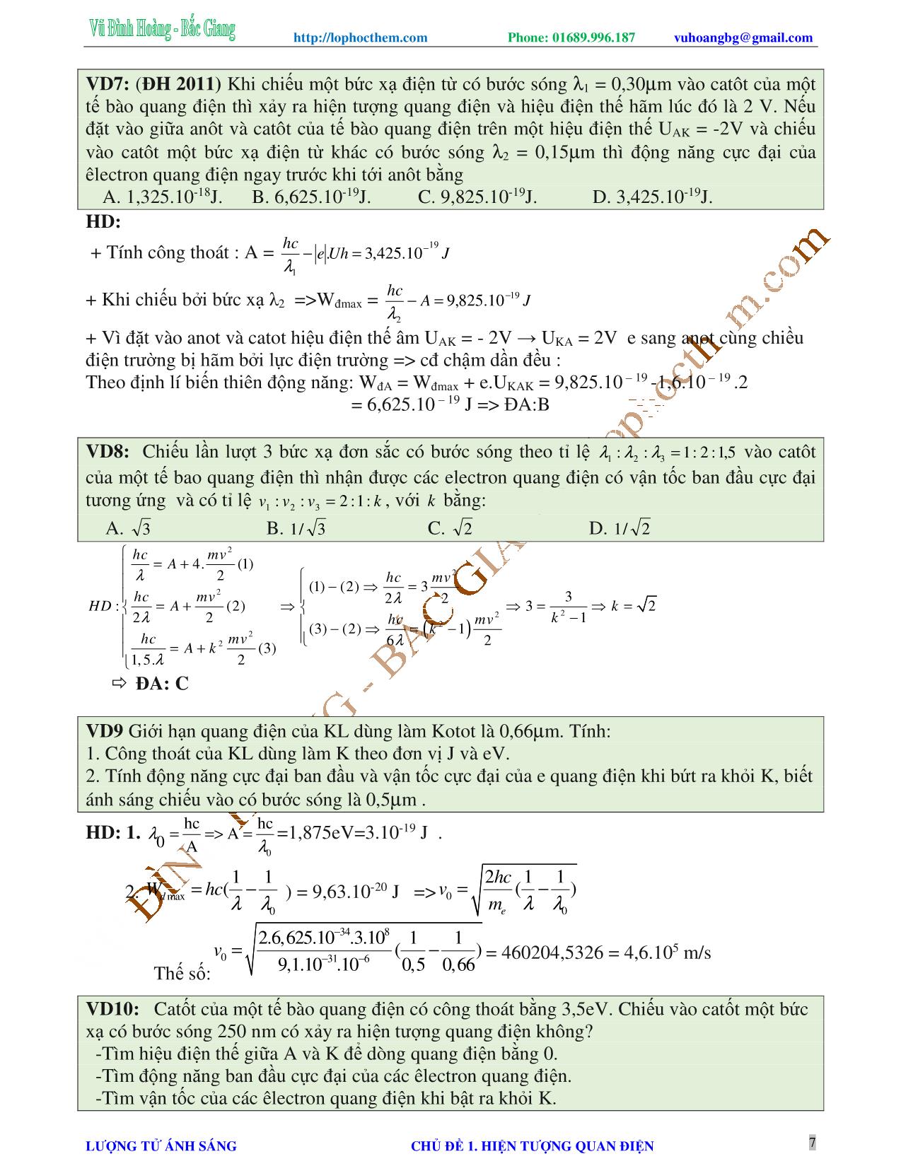 Chuyên đề Luyện thi Đại học môn Vật lý - Chủ đề 1: Hiện tượng quang điện - Vũ Đình Hoàng trang 7