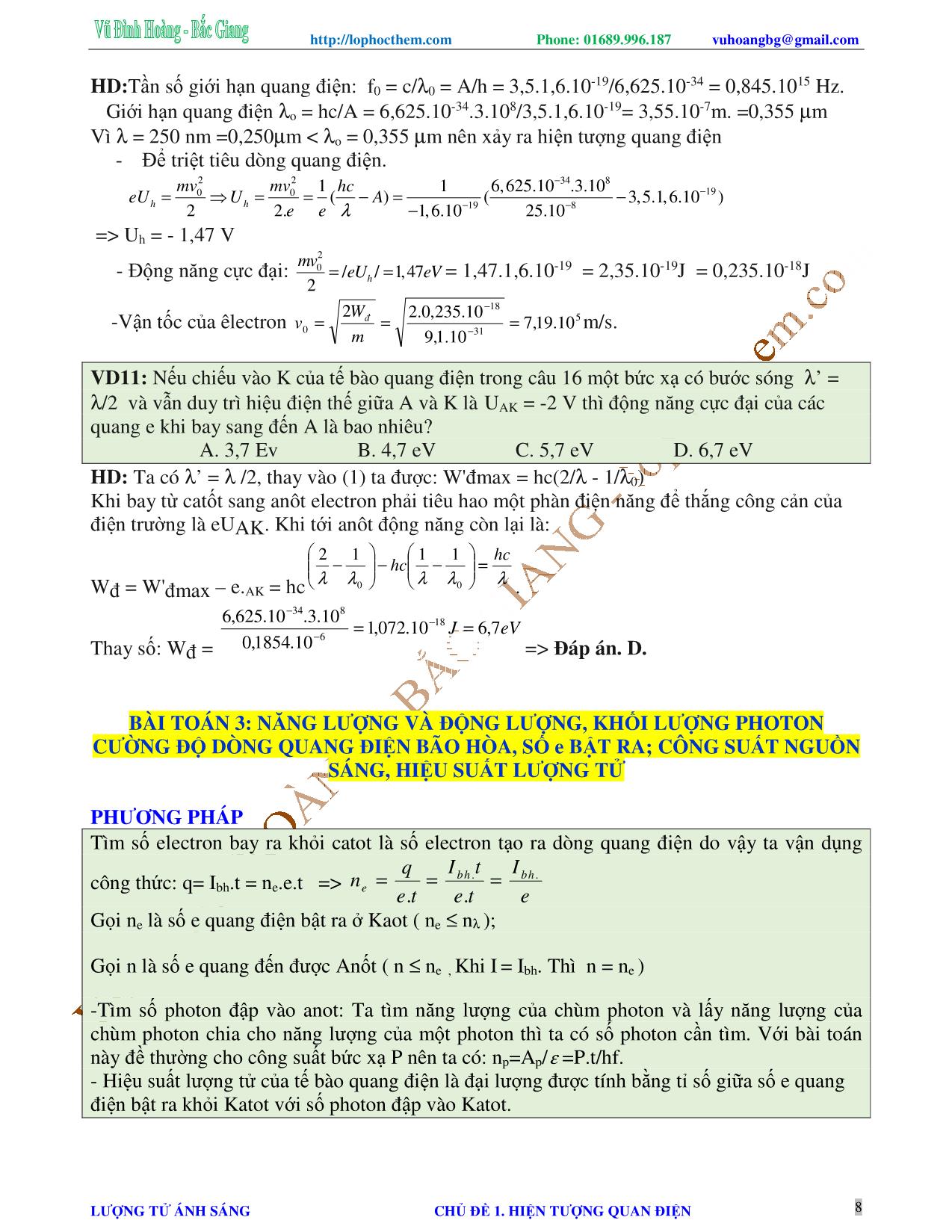 Chuyên đề Luyện thi Đại học môn Vật lý - Chủ đề 1: Hiện tượng quang điện - Vũ Đình Hoàng trang 8