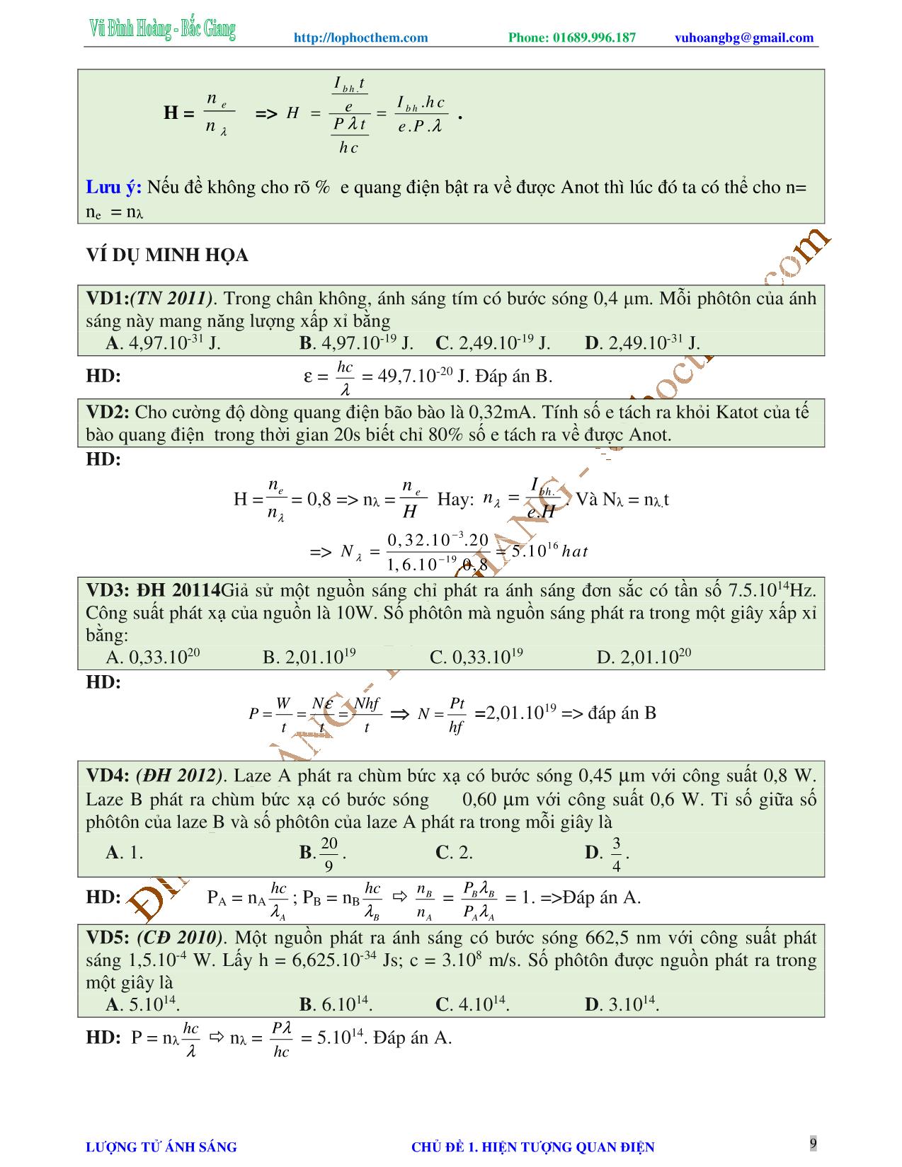 Chuyên đề Luyện thi Đại học môn Vật lý - Chủ đề 1: Hiện tượng quang điện - Vũ Đình Hoàng trang 9