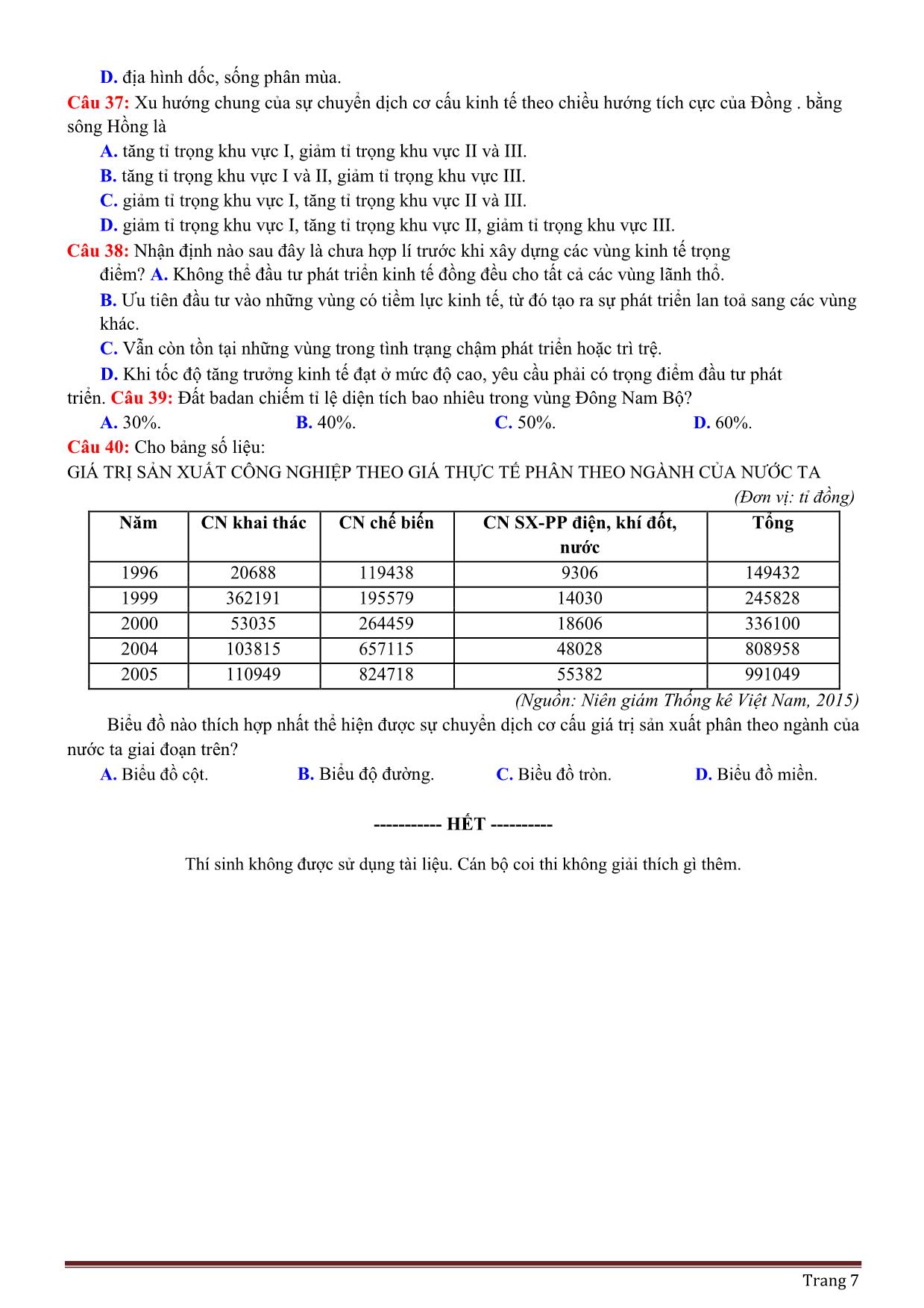 Bộ đề thi THPT Quốc gia môn Địa lý năm 2019 (Có đáp án và giải chi tiết) trang 7