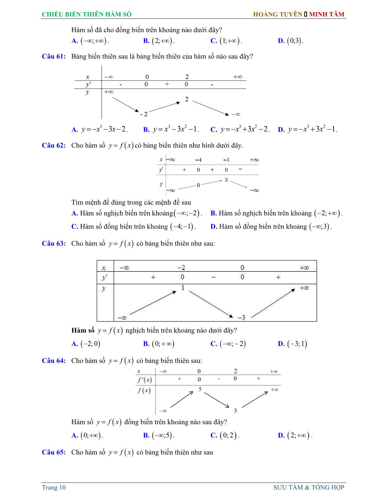 Tài liệu ôn thi THPT Quốc gia môn Toán - Chuyên đề: Chiều biến thiên hàm số trang 10