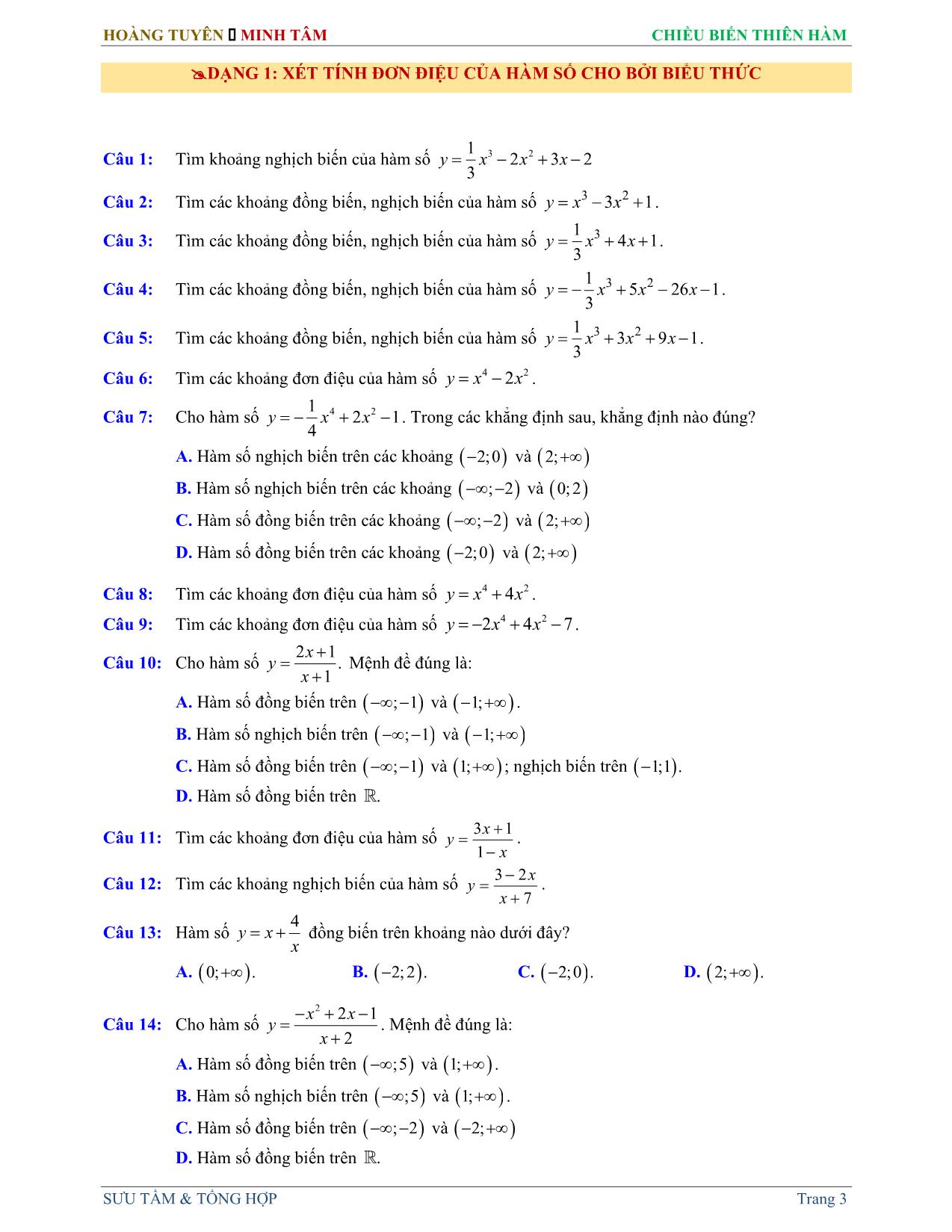 Tài liệu ôn thi THPT Quốc gia môn Toán - Chuyên đề: Chiều biến thiên hàm số trang 3