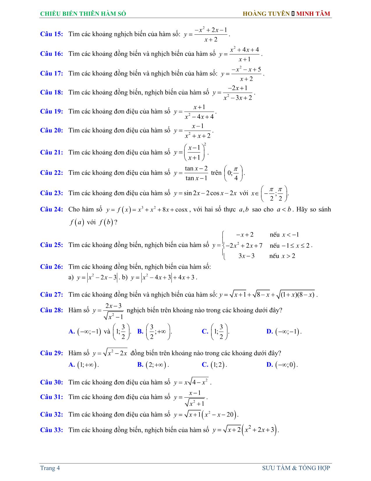 Tài liệu ôn thi THPT Quốc gia môn Toán - Chuyên đề: Chiều biến thiên hàm số trang 4