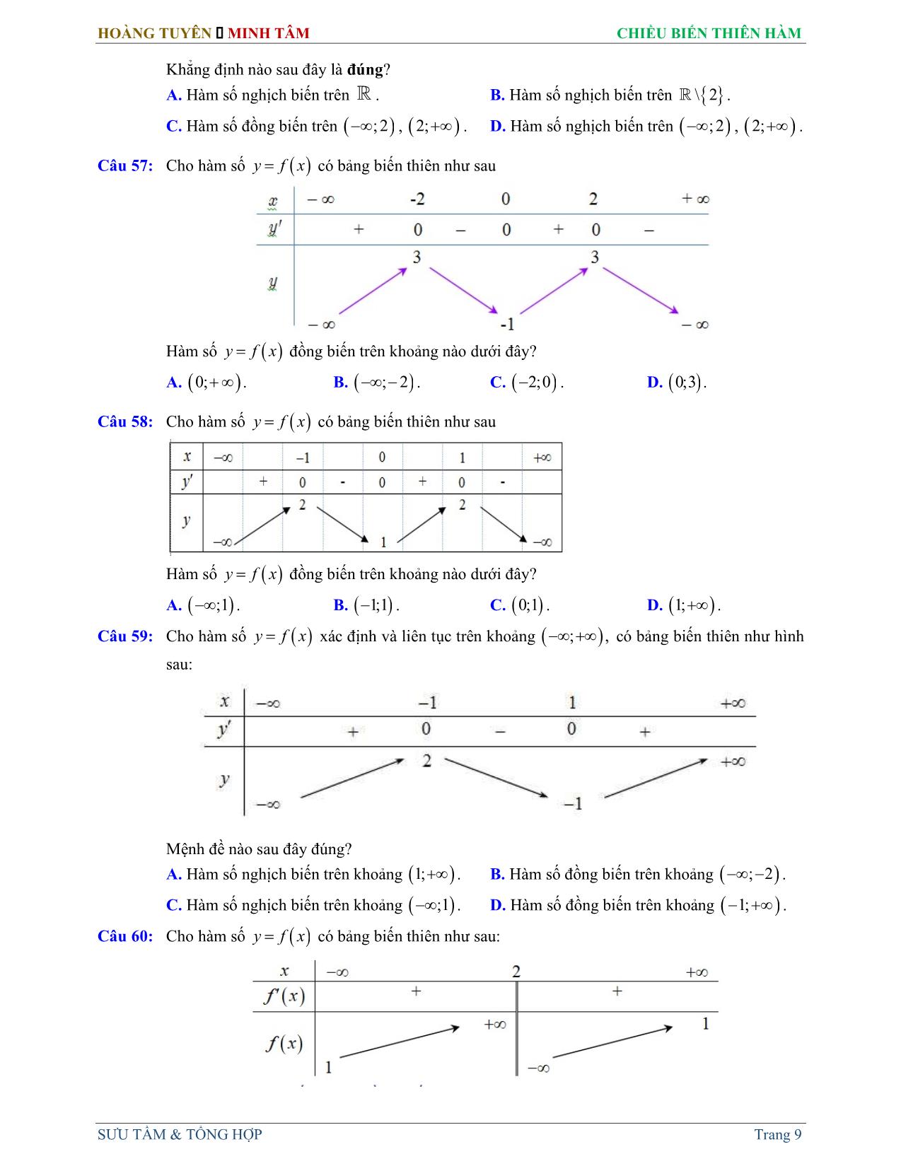 Tài liệu ôn thi THPT Quốc gia môn Toán - Chuyên đề: Chiều biến thiên hàm số trang 9