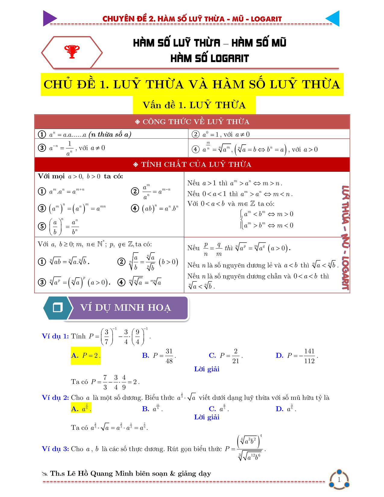 Chinh phục kỳ thi THPT Quốc gia môn Toán 2021 - Chuyên đề 2: Hàm số lũy thừa mũ và logarit trang 4