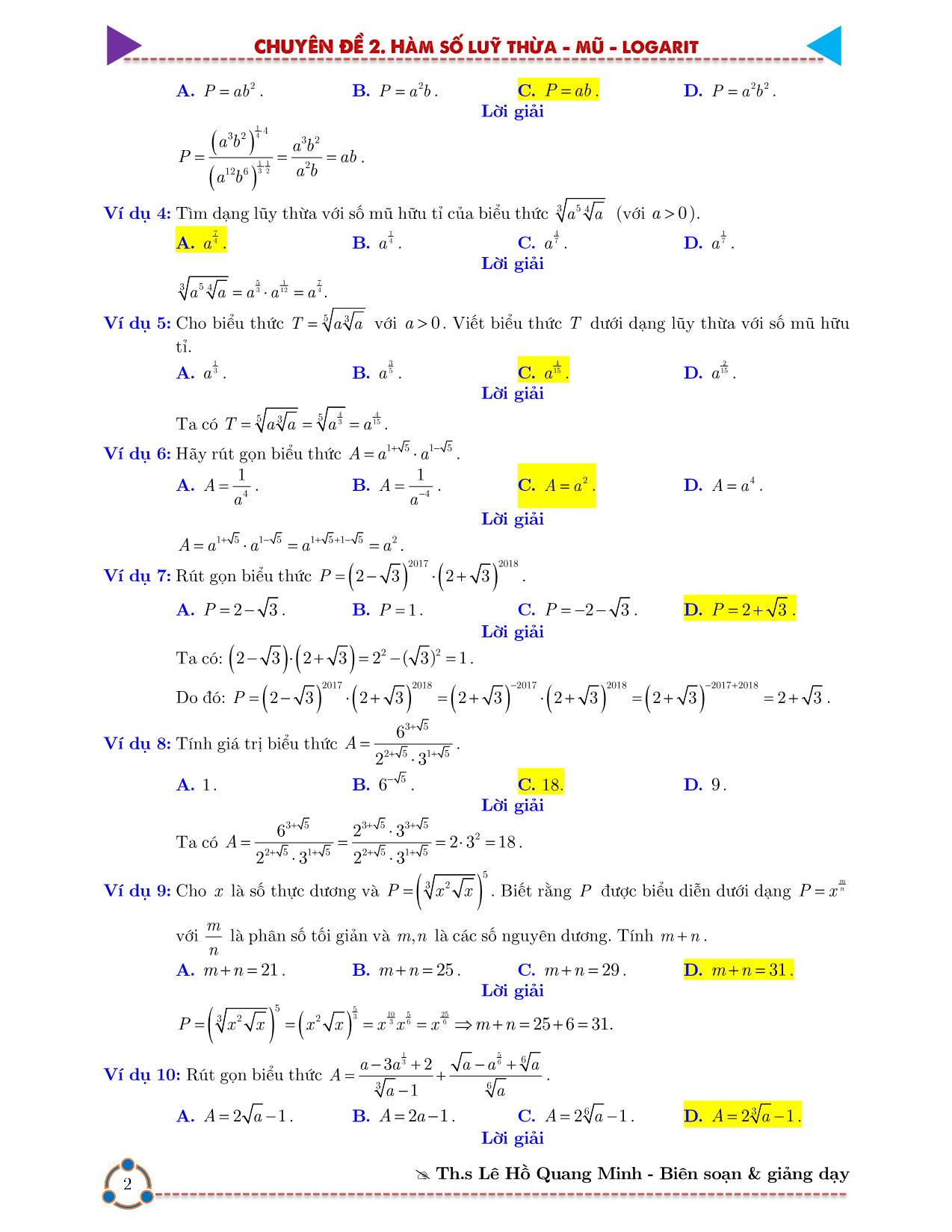Chinh phục kỳ thi THPT Quốc gia môn Toán 2021 - Chuyên đề 2: Hàm số lũy thừa mũ và logarit trang 5