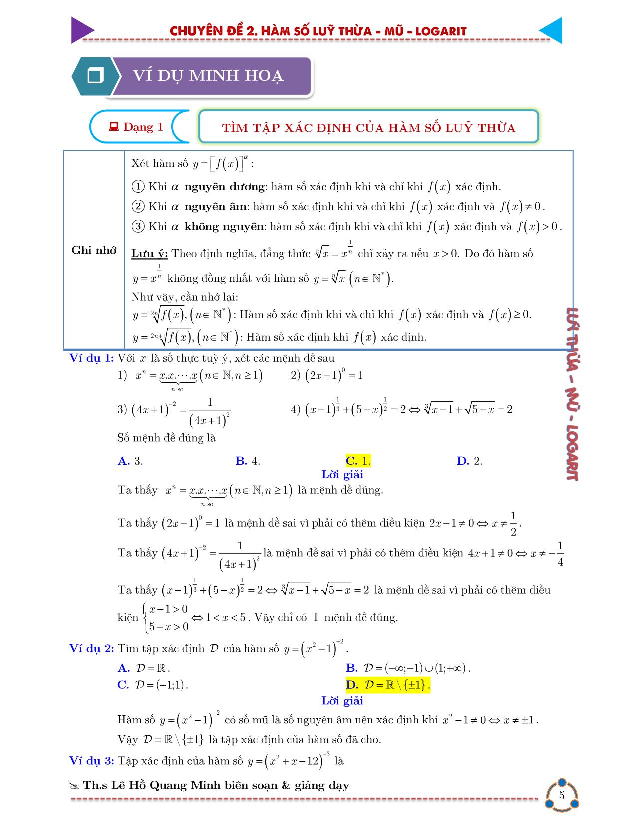 Chinh phục kỳ thi THPT Quốc gia môn Toán 2021 - Chuyên đề 2: Hàm số lũy thừa mũ và logarit trang 8