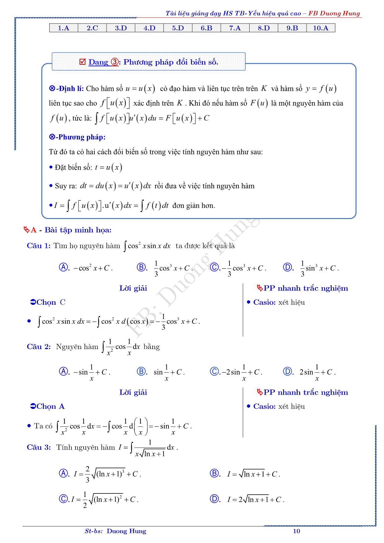 Tài liệu ôn thi THPT Quốc gia môn Toán - Chủ đề 3: Nguyên hàm & Tích phân trang 10