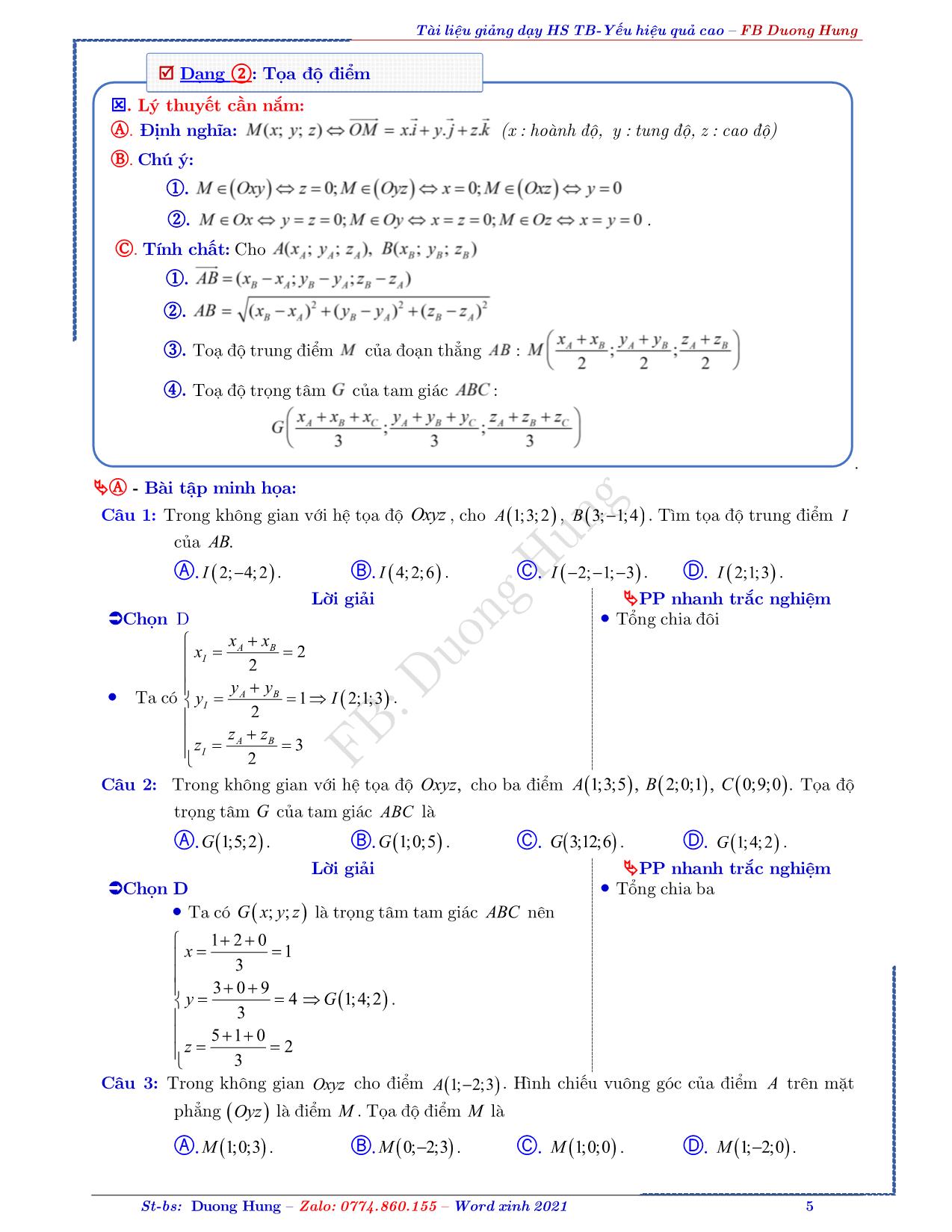 Tài liệu ôn thi THPT Quốc gia môn Toán - Chủ đề: Phương pháp tọa độ không gian Oxyz trang 5